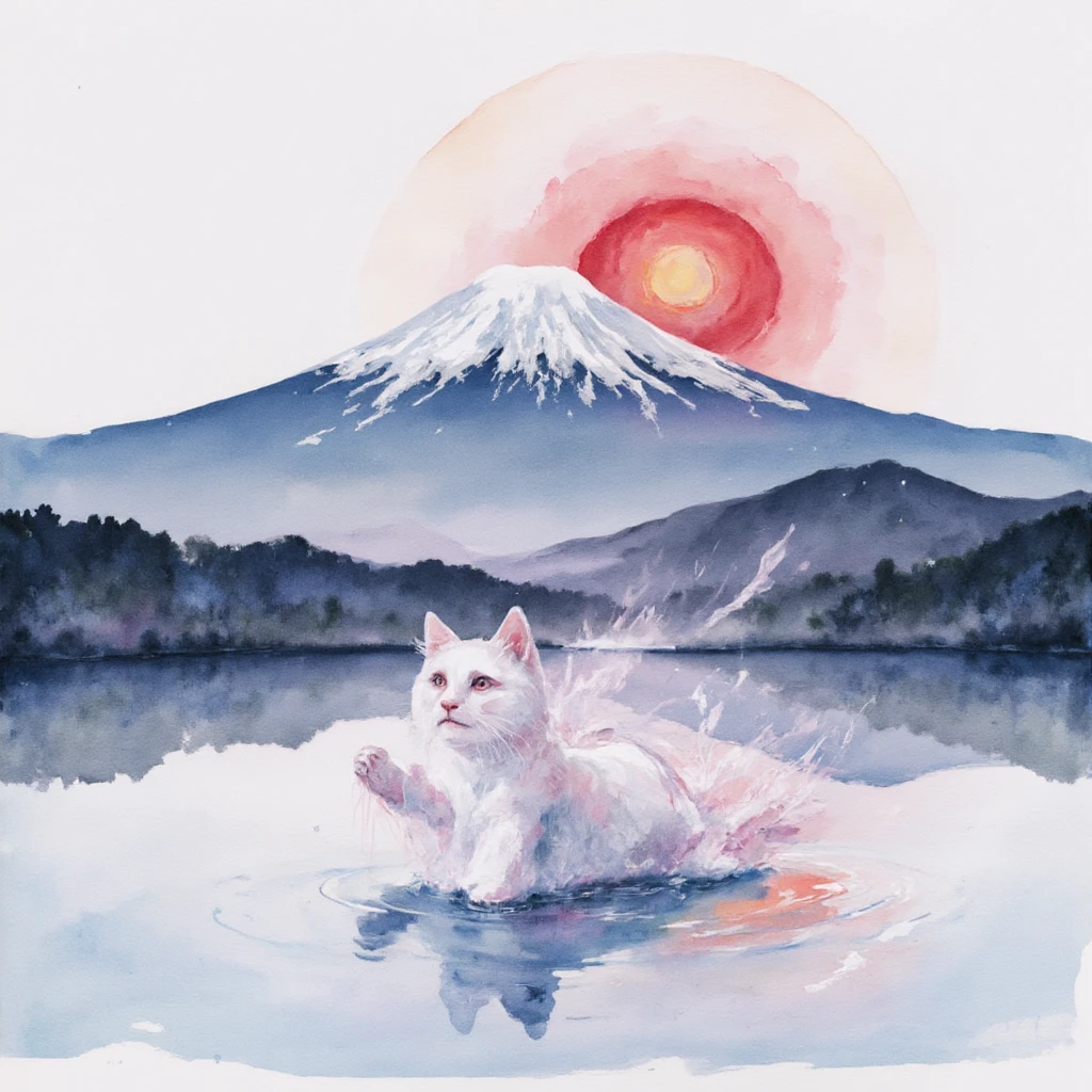 Watercolor of a cat with Mt Fuji at red sun