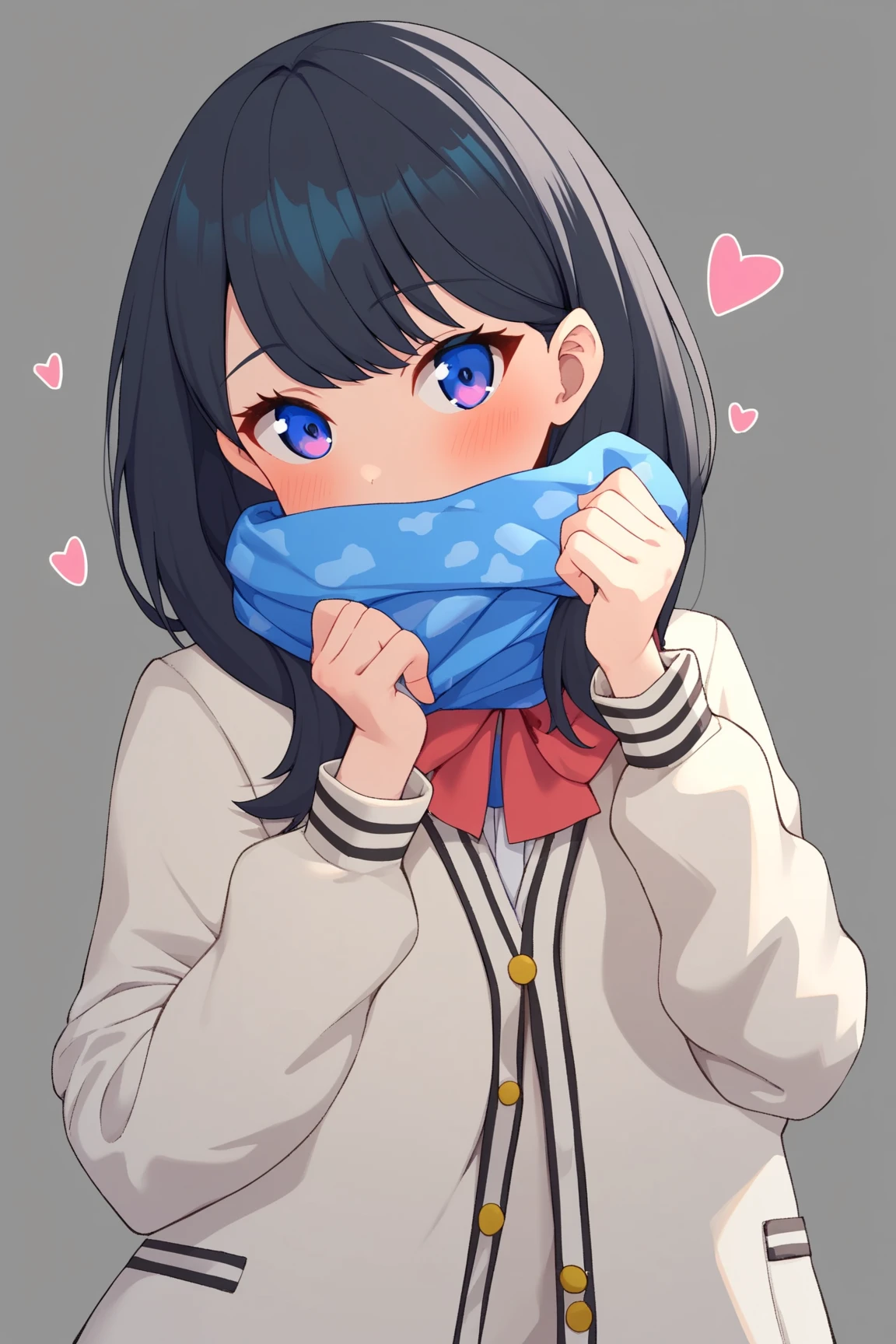 score_9,score_8_up,score_7_up,1girl, takarada_rikka, solo, upper_body, holding_gift, blush, sweater, coat, highres, cardigan, heart, open_jacket, school_uniform, covered_mouth, scarf_over_mouth, looking_at_viewer, white_background, commentary_request, enpera, incoming_gift, black_jacket, simple_background