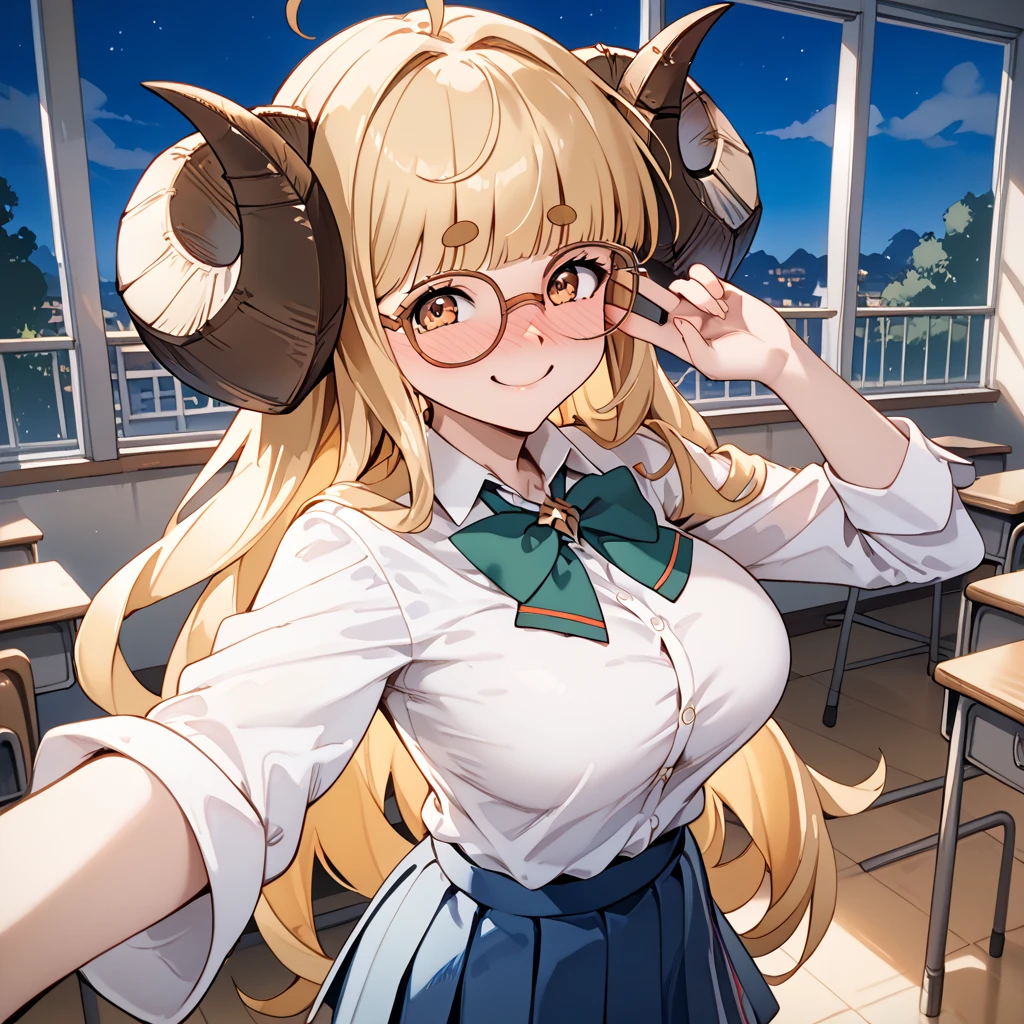 (score_9, score_8_up, score_7_up), source_anime,masterpiece, best quality, 1 girl, solo,
 large breasts,
ykanila, horns, thick eyebrows, blonde hair, blunt bangs,ahoge,, school uniform, glasses, collared shirt, blue skirt, green bowtie, red ribbon,selfie,
,night,
, classroom ,  pov,,look at viewar,,,((happy smile:1.5)),  (nose blush:1.3) 