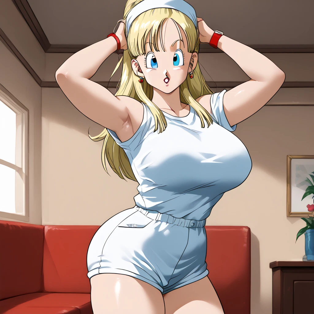   1 girl,  masterpiece , better_quality:0.5,  High Definition , 4K images, ( _  Details :0.7),  absurd , ((  cowboy_angle_shot:0.4)), Sharpen the image, Bloomers,  1 girl, solo     Bloomers,(  Dragon Ball\),  long hair,  aqua hair, blue eye watch ,    white t-shirt   ,    Bare shoulders  , clavicle,    Interior Room    ,   curvy young woman   ,   Big breasts and big ass  ,    standing with her arms raised, Clench your fist  ,  showing her armpits 