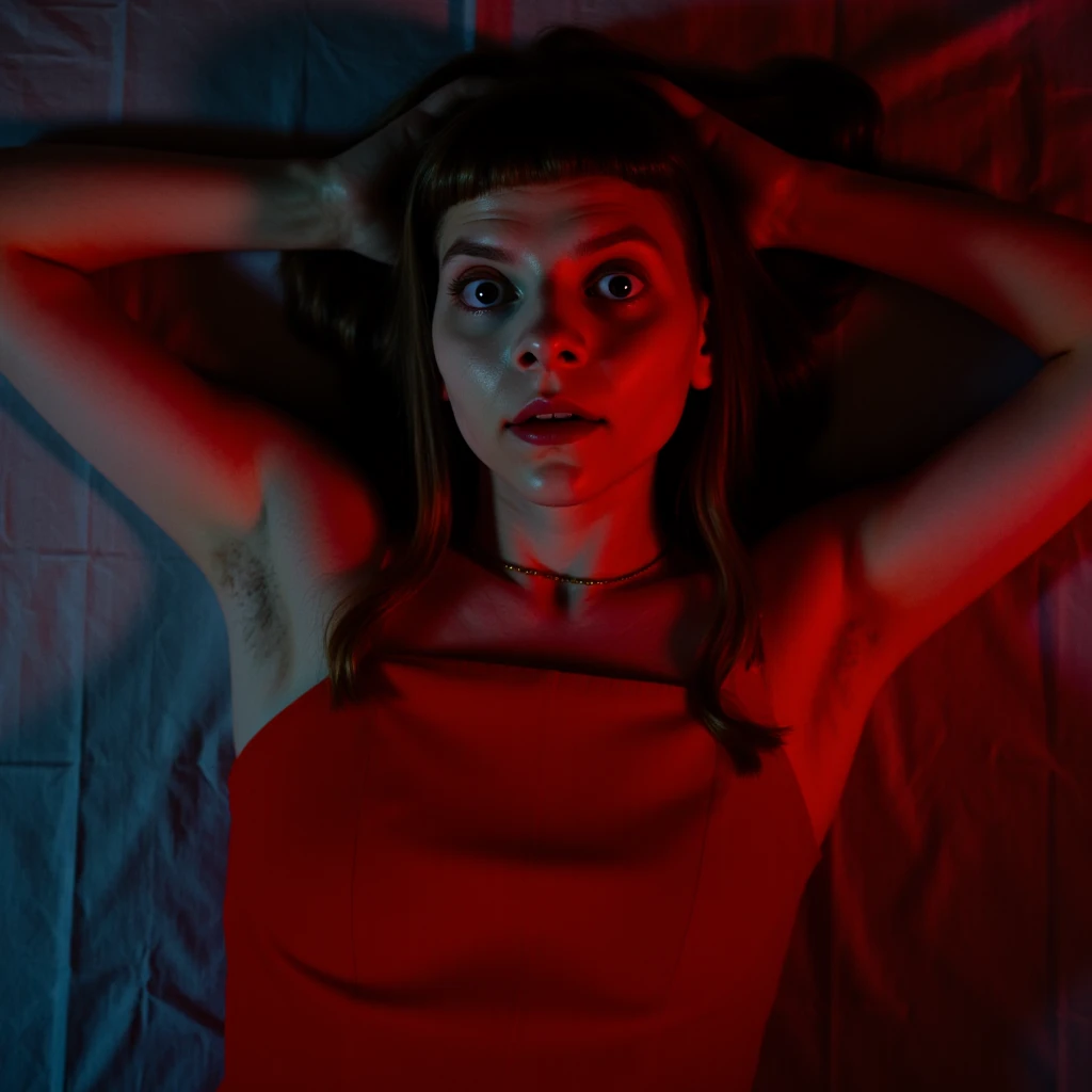 Aurora Askens, picture from above, lying  limp on a bed on back, red strapless dress, drunk face, arms up, dark make-up 