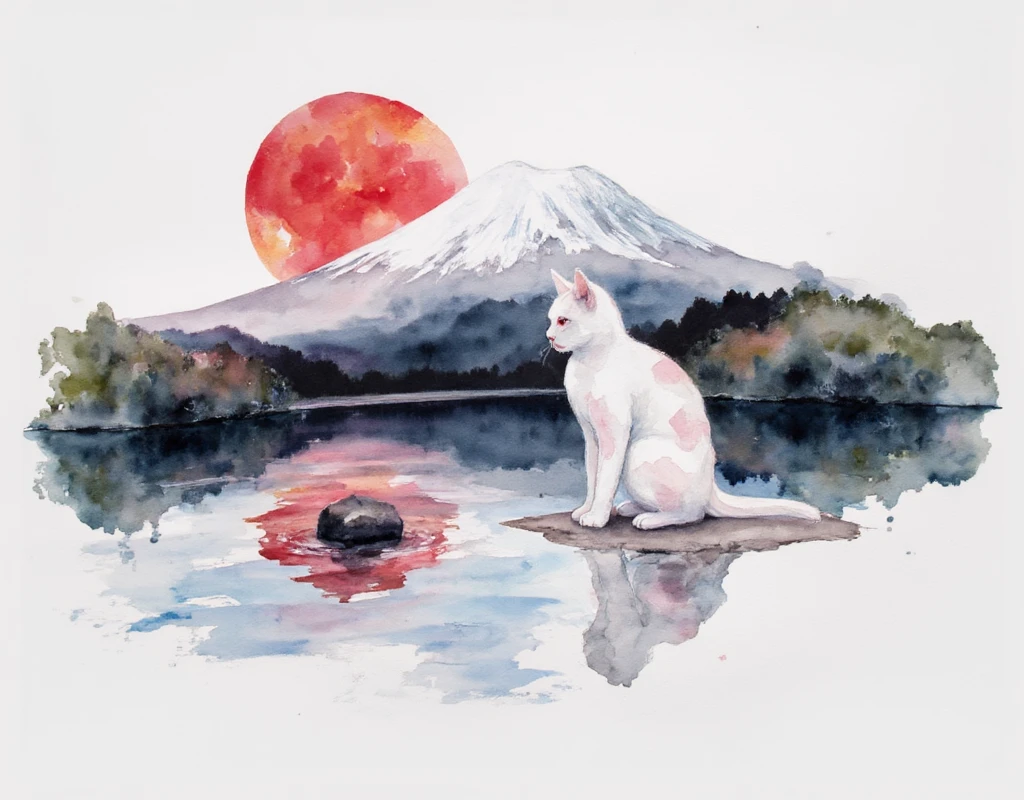 Watercolor of a cat with Mt Fuji at red sun