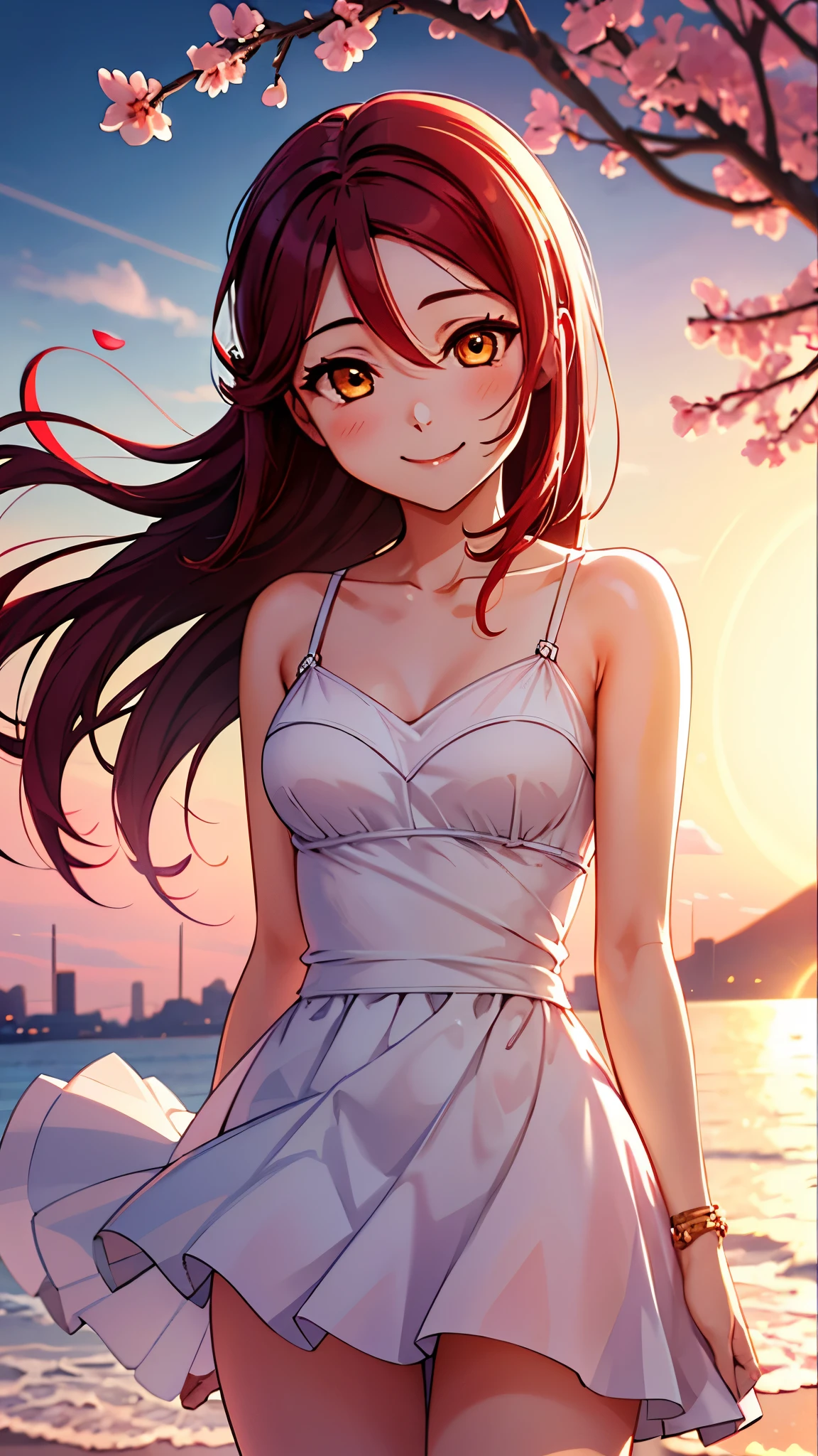   1 girl,    High Definition  , Sunset Sea ,  Blurry Background ,   Lens Flare  , masterpiece, Accurate, 【 Rico Sakrouchi,    Riko Sakurauchi, ( brown eyes:1.5), hair between eyes,  long hair, (Red Hair:1.5), (Small chest:1.2),  top quality ,  High Definition ,  Unity 8k wallpaper , ( illustrations:0.8), ( beautiful detailed eyes:1.6),  extremely detailed face,  perfect lighting,   very detailed CG, (perfect hand,  perfect anatomy), pure white dress,cherry blossoms, blush,  smiles,  seductive smile, 胸を隠す,