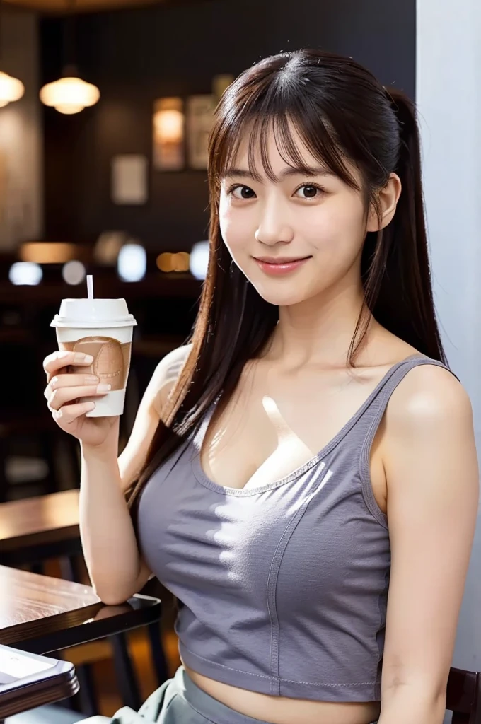 (masterpiece, best quality, perfect anatomy, highres, 8k, realistic, photorealistic, natural skin texture, no makeup:1.2), (afternoon:1.5), 1girl, solo, Japanese, age20, female adorable university student, very cute, (large breasts:1.4), (holding a cup of coffee near her face:1.7), shy smile, (ponytail:1.2), wearing a mini skirt, (warm café lighting, casual restaurant setting), vertical composition, jp idol, inugao