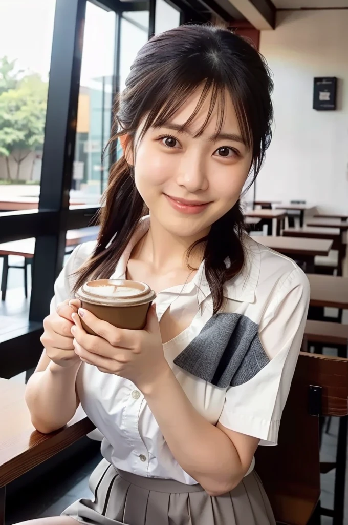 (masterpiece, best quality, perfect anatomy, highres, 8k, realistic, photorealistic, natural skin texture, no makeup:1.2), (afternoon:1.5), 1girl, solo, Japanese, age20, female adorable university student, very cute, (large breasts:1.4), (holding a cup of coffee near her face:1.7), shy smile, (ponytail:1.2), wearing a mini skirt, (warm café lighting, casual restaurant setting), vertical composition, jp idol, inugao