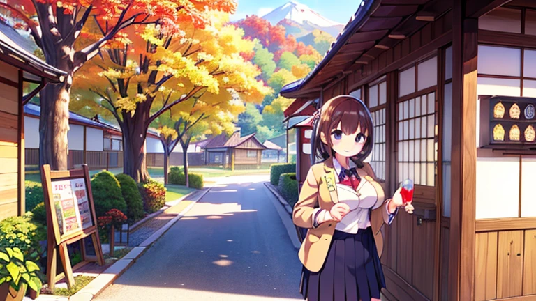 (((masterpiece, 16k,  top quality ,  super high res, Thematic Depth))), (( very detailed,  Japanese rural landscape ,  fall foliage)), (((  High School Girl in Blazer Uniform,  2 people ,  skirt, Big Breasts))), Beautiful Girl in every detail ,  Very Neat Body Structure , A very neat body movement ,  very cute smile with thin, transparent nipples, On the way home, 3pm,  serene landscape, warm sunshine , Old wooden shop in the countryside, The shop sign is very old., Japanese style drink vending machine, Buy juice,  cm apart,  drink juice, Very accurate perspective