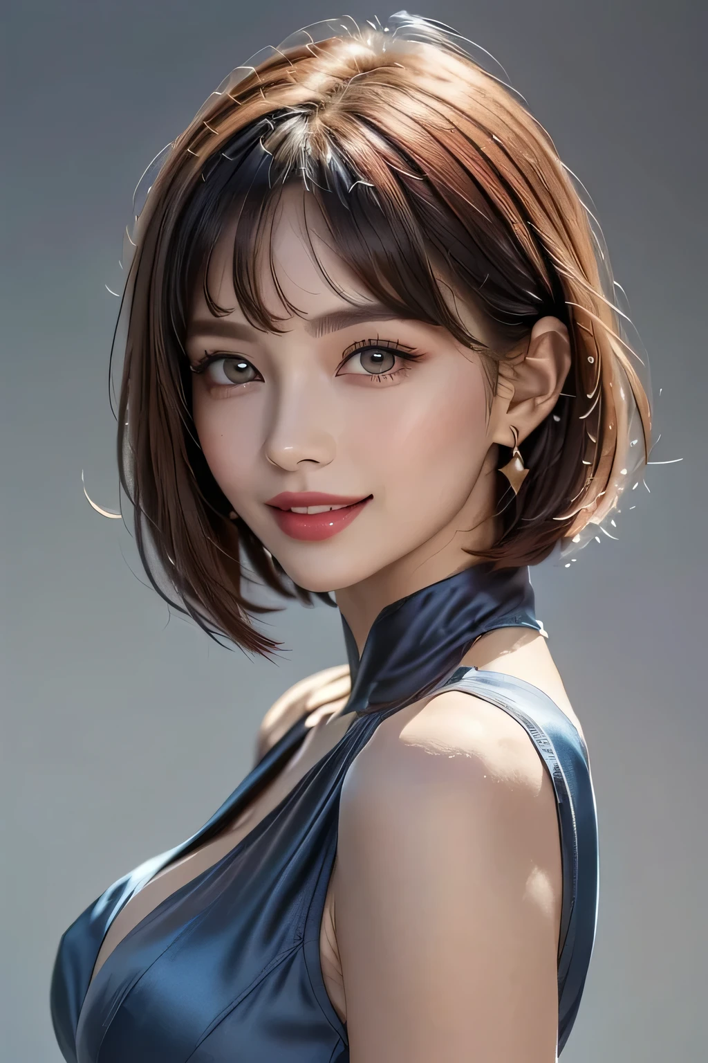 (1.  beautiful women,  supermodel ), (    perfect anatomy ), ((  cowboy shot )), Golden Ratio, (top quality:1.4), 32k resolution, (  realistic    :1.5), High resolution UHD, (masterpiece :1.2)), (Improved quality:1.4), (  Very Beautiful Face Details  ), ( smile), (Top quality), ((blue Silk Dress :1.37)),  earrings,   necklace, (Big Breasts:1.3), (thigh), (Ass), Accurate Fingers,  Very detailed、Crimson Hair,   beautiful eyes,   double eyelids ,   eyelash  , Shaping your eyebrows, (( Very detailed、Crimson Hair portraits)),   red cheeks  , Ultra-   realistic    eyes, Perfect Lips,     perfect eyes,   Natural Cosmetics  , [  Pink Lipstick], (( Commitment to quality   :1.2)), (  beautiful lips:1.33), (Great nose:1.2), (Big Breasts),   brunette pixie cut, ((  realistic  )), (( Sharp Focus )), (   highest resolution), ((  high image quality)), ((masterpiece)),   Professional Cinema Lighting 