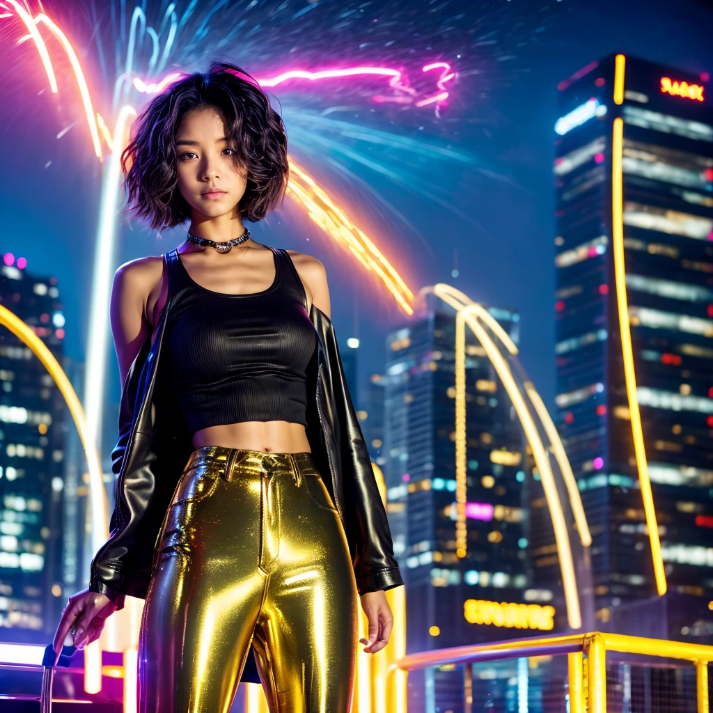 (medium full shot) of (magnetic disco dancer) young woman, japanese, brown eyes, pale skin, petite, voluminous afro, wearing dazzling gold tie-dye turtleneck,disco shorts,sequined wedges, feather boa, bold eyeliner, smiling at the viewer, set in a casual rooftop party, with a laid-back vibe, cozy seating, a small dance floor for those who want to groove to the music while enjoying the city views , ,Masterpiece,best quality, photorealistic, amazing quality, very aesthetic, extremely detailed face,
