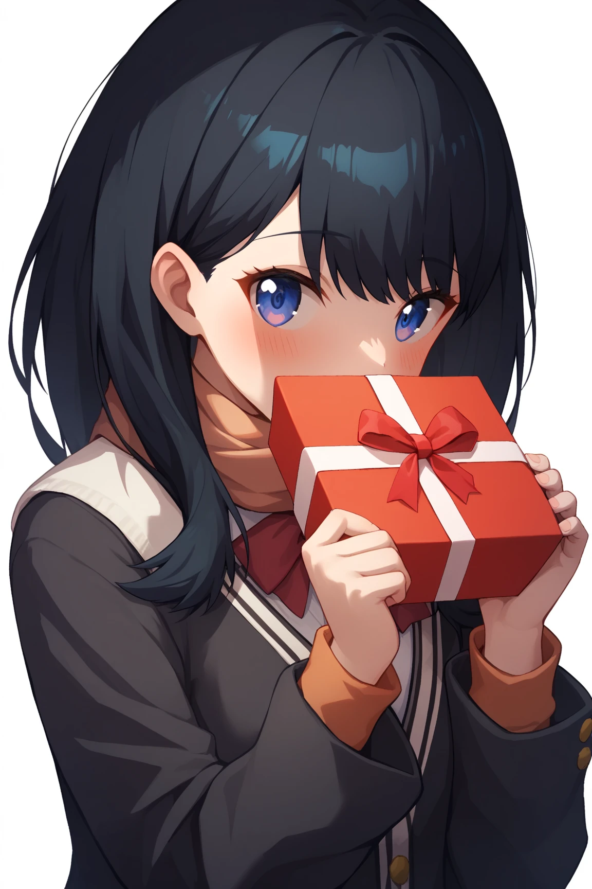 score_9,score_8_up,score_7_up,1girl, takarada_rikka, solo, upper_body, holding_gift, blush, sweater, coat, highres, cardigan, heart, open_jacket, school_uniform, covered_mouth, scarf_over_mouth, looking_at_viewer, white_background, commentary_request, enpera, incoming_gift, black_jacket, simple_background