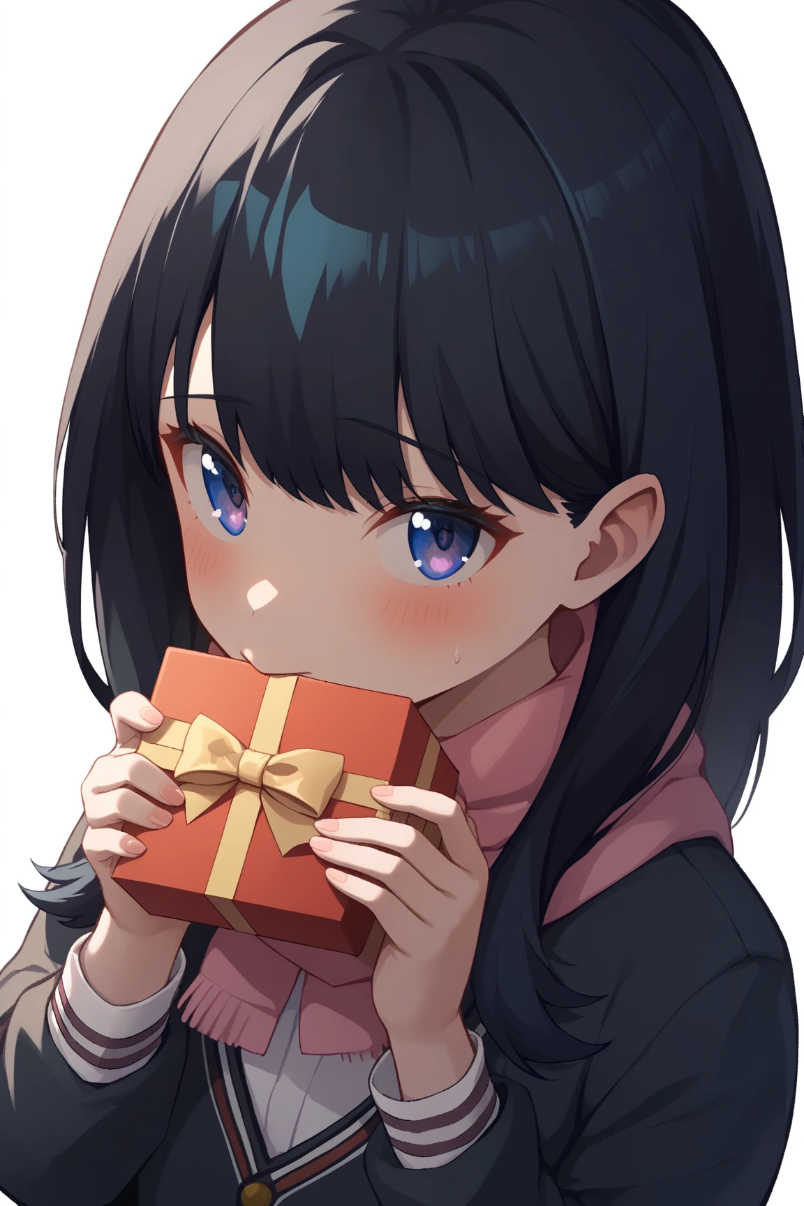 score_9,score_8_up,score_7_up,1girl, takarada_rikka, solo, upper_body, holding_gift, blush, sweater, coat, highres, cardigan, heart, open_jacket, school_uniform, covered_mouth, scarf_over_mouth, looking_at_viewer, white_background, commentary_request, enpera, incoming_gift, black_jacket, simple_background