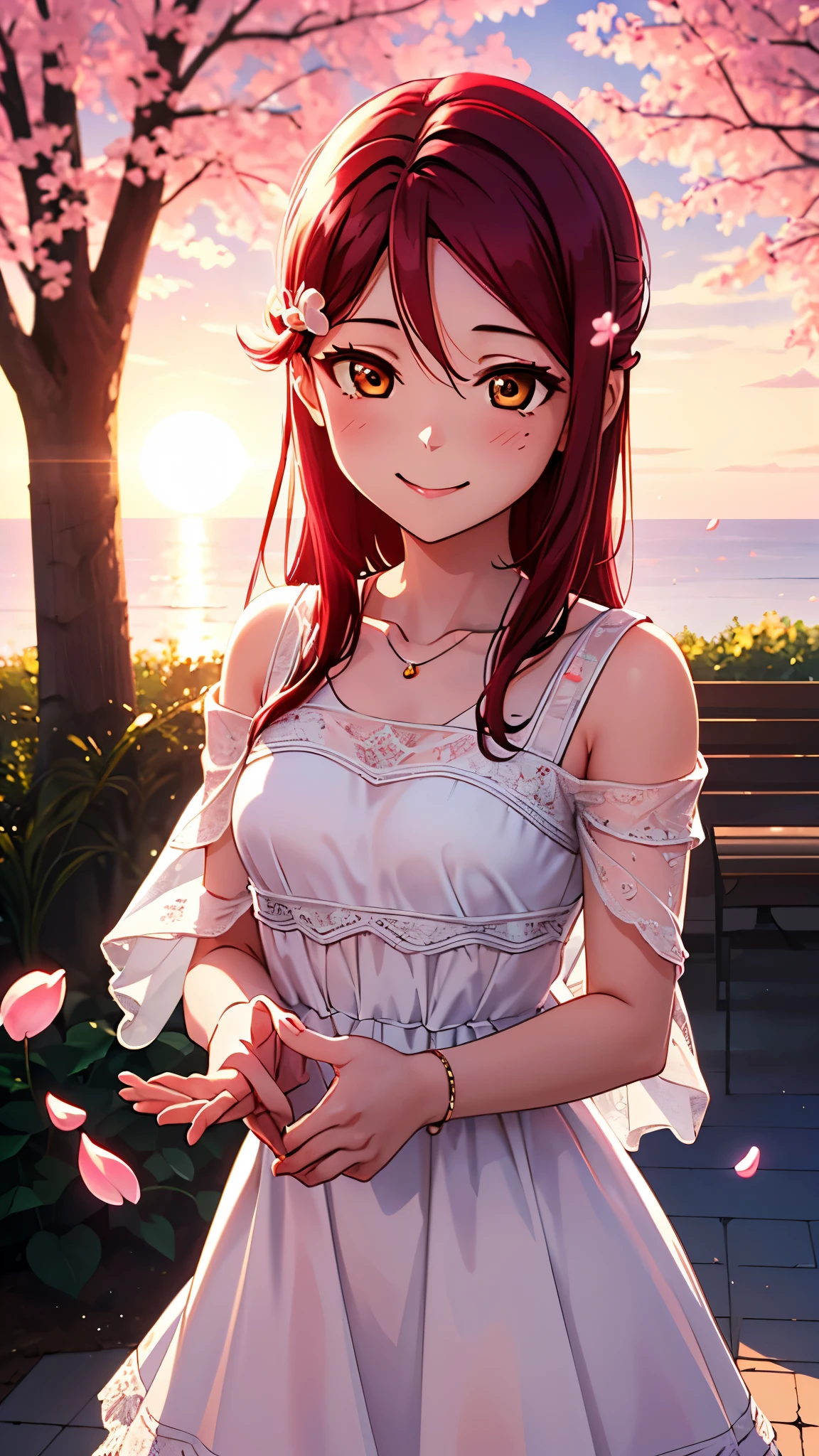   1 girl,    High Definition  , Sunset Sea ,  Blurry Background ,   Lens Flare  , masterpiece, Accurate, 【 Rico Sakrouchi,    Riko Sakurauchi, ( brown eyes:1.5), hair between eyes,  long hair, (Red Hair:1.5), (Small chest:1.2),  top quality ,  High Definition ,  Unity 8k wallpaper , ( illustrations:0.8), ( beautiful detailed eyes:1.6),  extremely detailed face,  perfect lighting,   very detailed CG, (perfect hand,  perfect anatomy), pure white dress,cherry blossoms, blush,  smiles,  seductive smile, 胸を隠す,