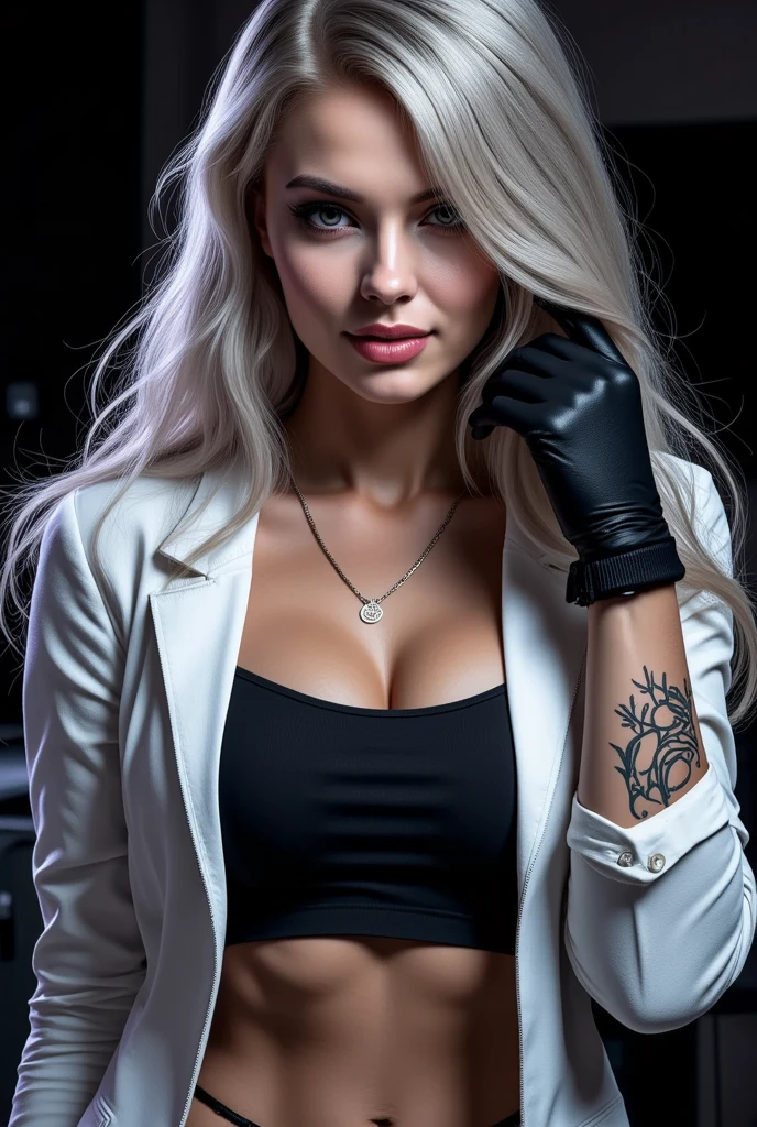 (masterpiece,  HIGH QUALITY,  photography,  realistic , high resolution),  Beautiful girl with light eyes ,  with long white hair wavy over her shoulders , tatuajes,  big breasts,  beautiful face , beautiful butt ,  Beautiful legs ,  lush and slender sculptural body . beautiful sexy girl, Red lips.