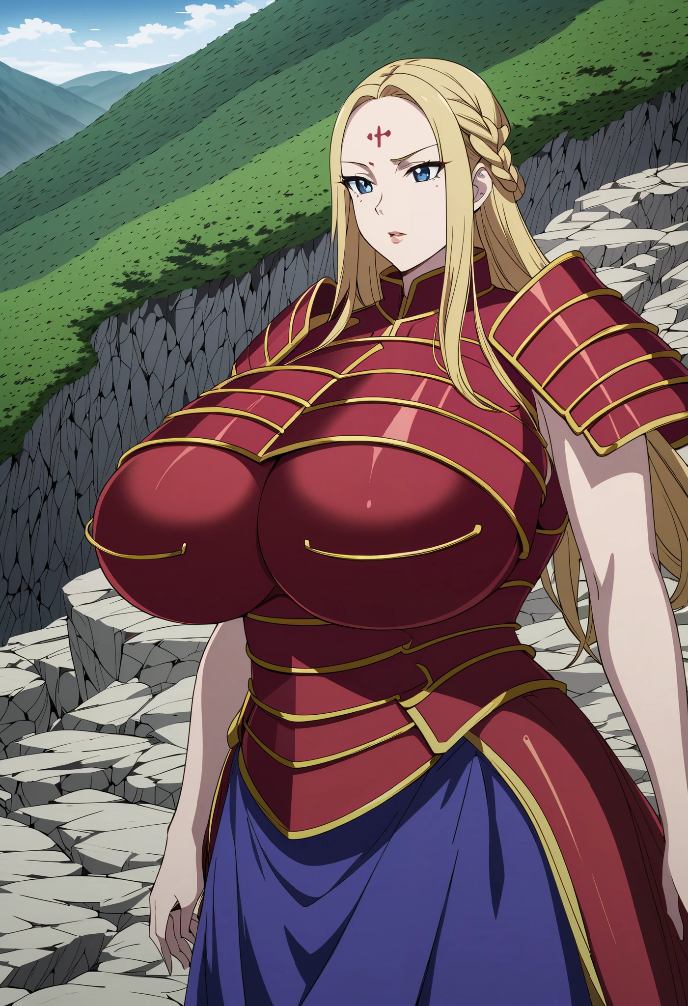 (Best quality, masterpiece), animation, illustration, (1girl), yang_duanhe, Yo Tan Wa, a character of Kingdom, anime, blonde hair, blue eyes, long hair, facial mark, forehead mark, braid, (cloak, red armor, Chinese style armor, iron armored bra, iron armored boots), ultra huge breasts, ultra huge tits, ultra huge boob, ultra huge cleavages, (outdoors, narrow mountain road, beside cliff, rock wall, in the mountain), standing, 