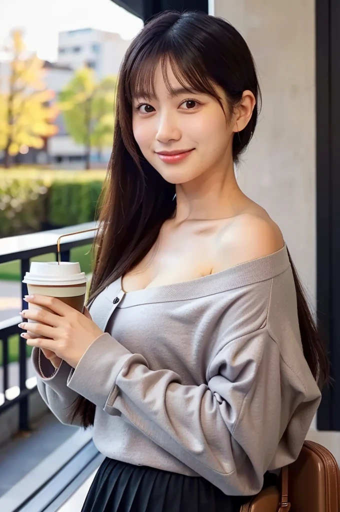 (masterpiece, best quality, perfect anatomy, highres, 8k, realistic, photorealistic, natural skin texture, no makeup:1.2), (afternoon:1.5), 1girl, solo, Japanese, age20, female adorable university student, very cute, (large breasts:1.4), autumn vibes, (holding a cup of coffee near her face:1.7), shy smile, (ponytail:1.2), wearing a mini skirt, (warm café lighting, casual restaurant setting), vertical composition, jp idol, inugao