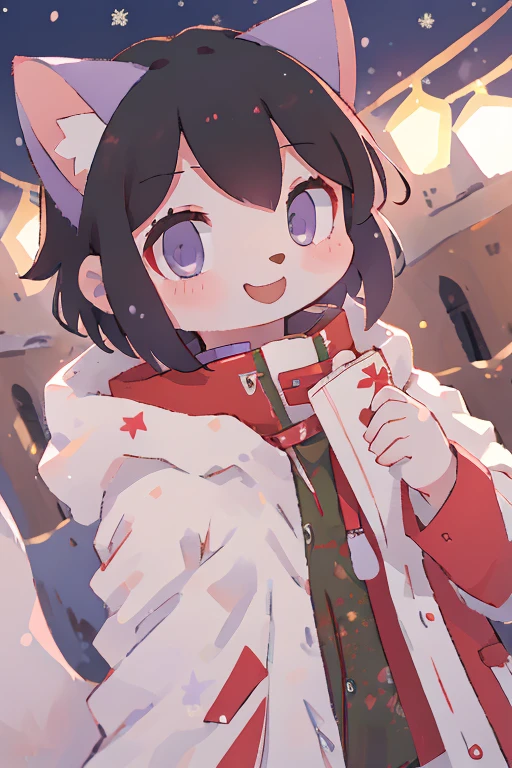 juvenile、male子中学生、male、 black hair、Cat ears、 Shorthair、 purple eyes、Red collar、Fluffy、Fluffy、 long tail、Furry、Fluffyの毛並み、 duffle coat、 muffler 、 Christmas、 Illuminations、snow、smile、lens、Close-up