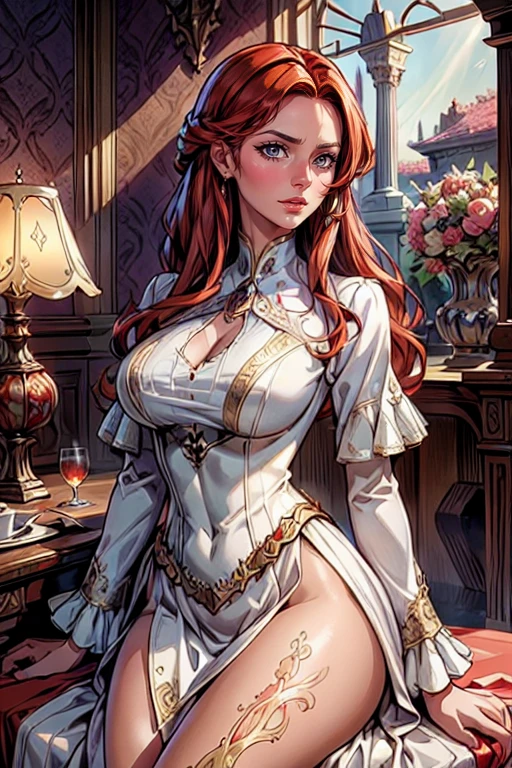 a Japanese girl, with short red curly hair, scabs on her face, naked, nsfw, laughing, doing an erotic pose with her hands on her breasts, perfect body, big chest, detailed curves, 8k, best quality, film lighting, detailed background, angle from above