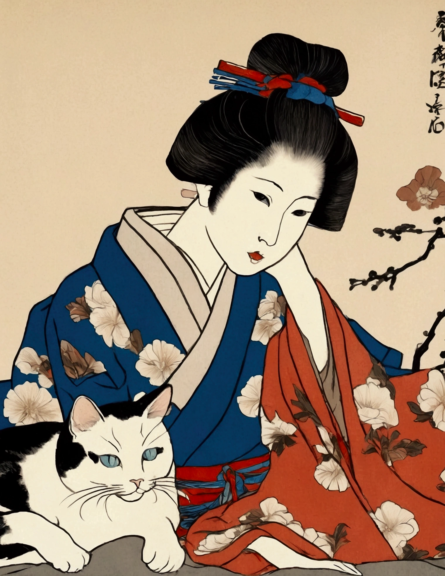 painting of a woman in a kimono sitting on a pillow next to a cat, inspired by Koryusai Isoda, inspired by Hishikawa Moronobu, inspired by Utagawa Kunimasa, woman and cat, inspired by Itō Shinsui, ukiyoe style, inspired by Uemura Shōen, tumblr, ukiyo-e, blurry light particles. jptradartnbai artstyle