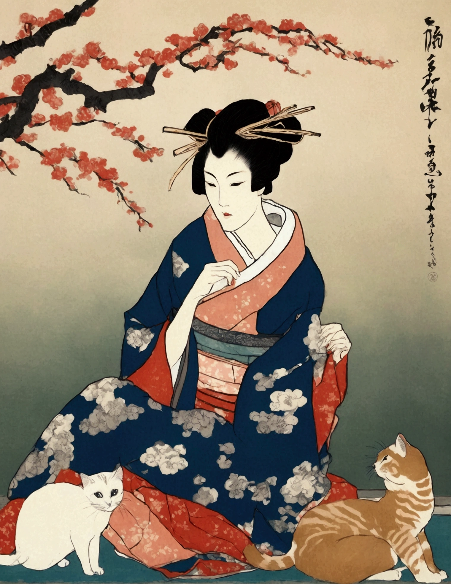 painting of a woman in a kimono sitting on a pillow next to a cat, inspired by Koryusai Isoda, inspired by Hishikawa Moronobu, inspired by Utagawa Kunimasa, woman and cat, inspired by Itō Shinsui, ukiyoe style, inspired by Uemura Shōen, tumblr, ukiyo-e, blurry light particles. jptradartnbai artstyle