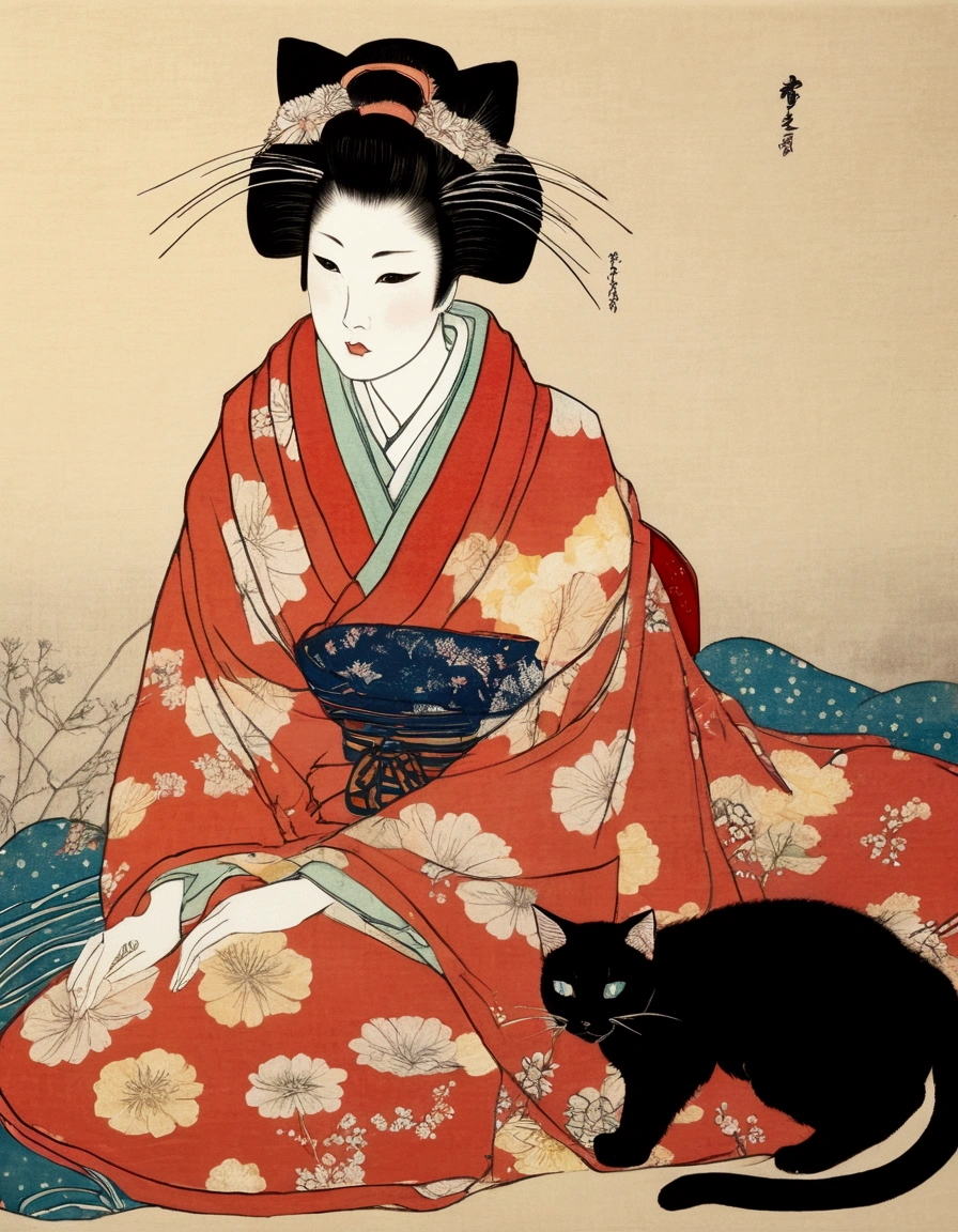 painting of a woman in a kimono sitting on a pillow next to a cat, inspired by Koryusai Isoda, inspired by Hishikawa Moronobu, inspired by Utagawa Kunimasa, woman and cat, inspired by Itō Shinsui, ukiyoe style, inspired by Uemura Shōen, tumblr, ukiyo-e, blurry light particles. jptradartnbai artstyle