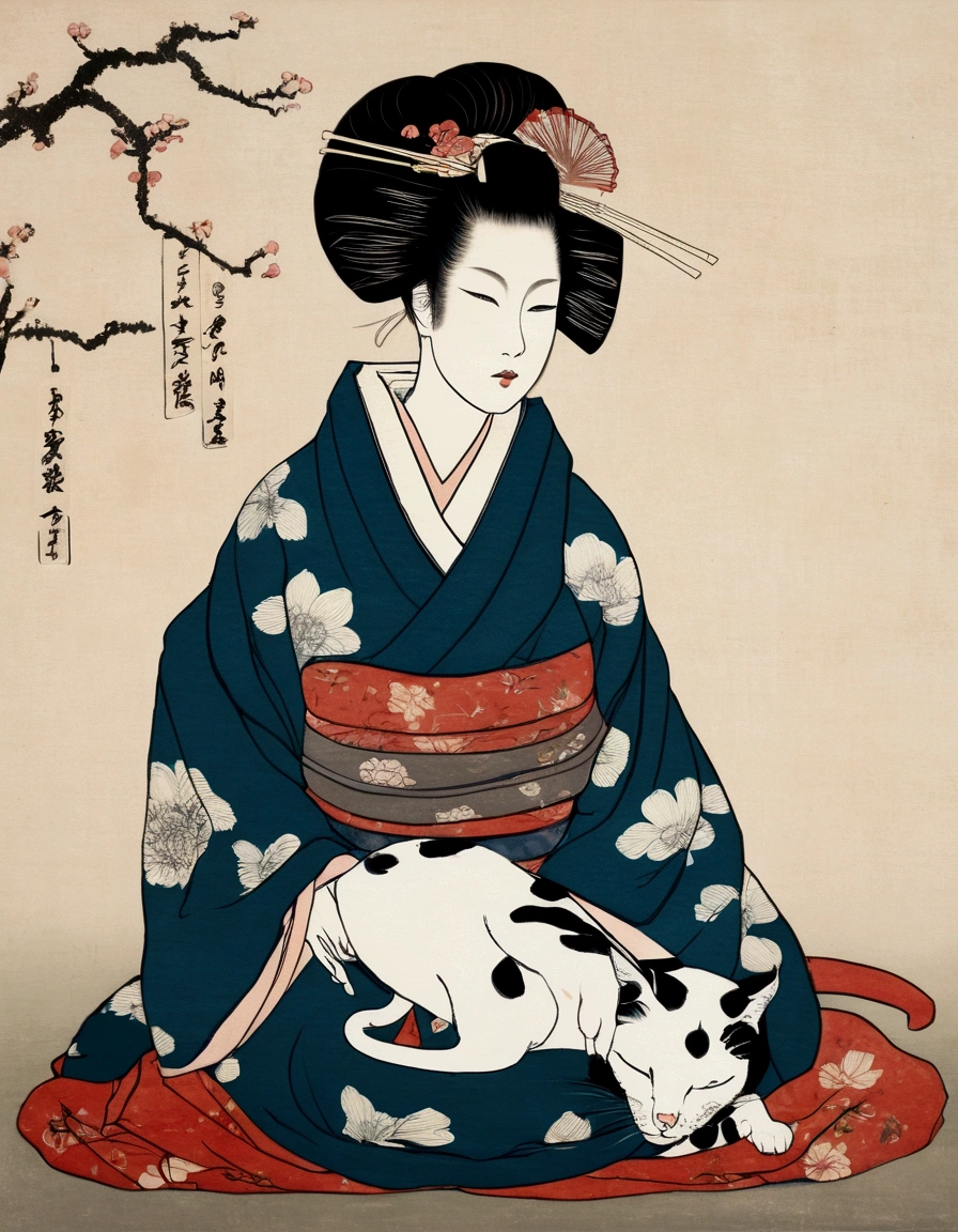 painting of a woman in a kimono sitting on a pillow next to a cat, inspired by Koryusai Isoda, inspired by Hishikawa Moronobu, inspired by Utagawa Kunimasa, woman and cat, inspired by Itō Shinsui, ukiyoe style, inspired by Uemura Shōen, tumblr, ukiyo-e, blurry light particles. jptradartnbai artstyle