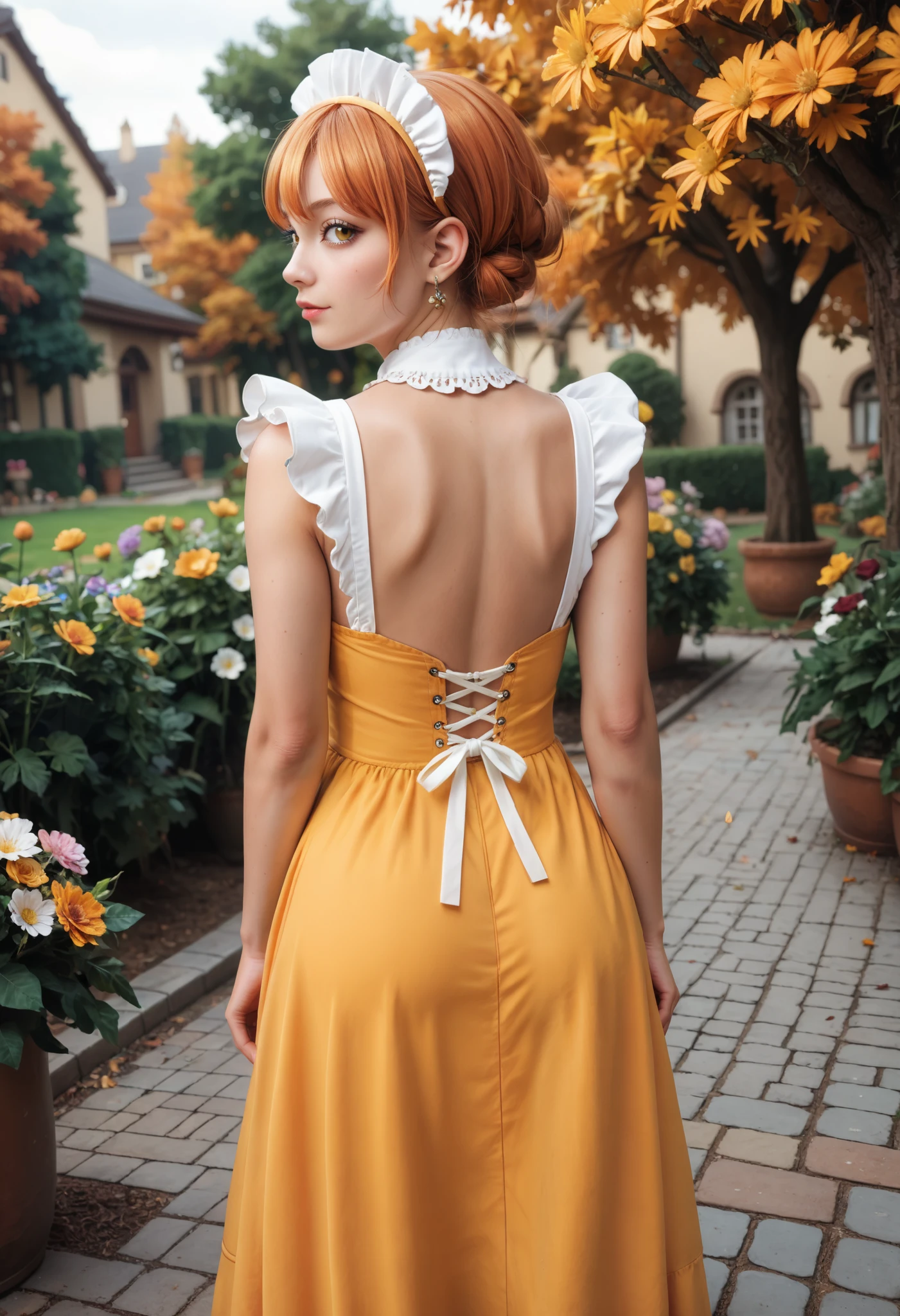 Masterpiece, best quality, from behind,Hoshizora rin, yellow eyes, orange hair, maid headdress, yellow sundress, yellow dress, from behind, looking at viewer, village, autumn, flowers, garden, Egyptian girl