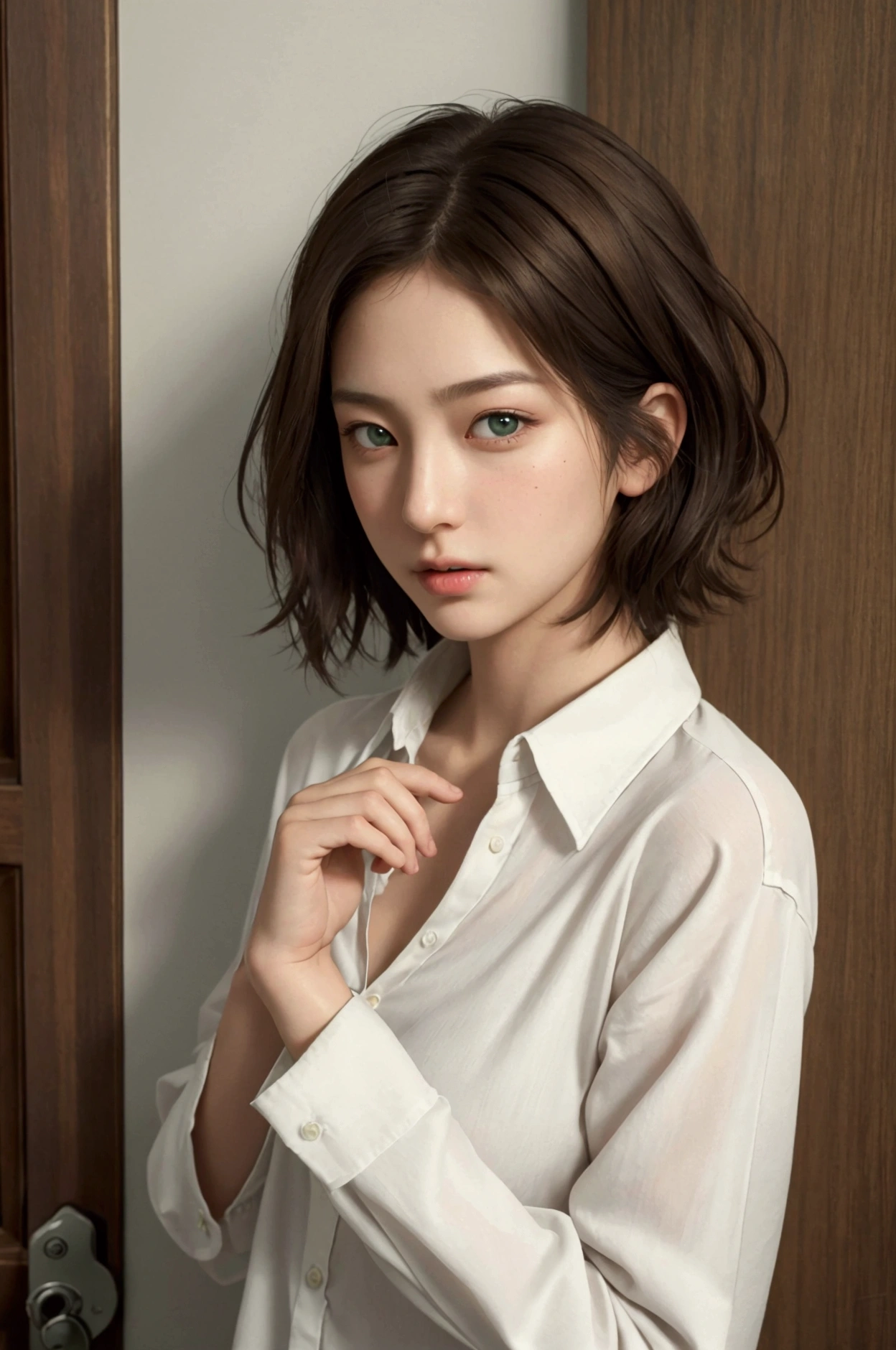 (masterpiece、highest quality、photogenuineistic、High resolution、photograph、:1.3)、close up shot、sharp focus、one brunette girl、30 year old mature woman、small face、no makeup、、hot models、Highly detailed eyes and pupils、genuineな肌、slim body shape、bust B cup、、cleavage、short cut hair、dark brown hair、delicate face、sensual gaze、glossy lips、((Wearing Henry's Shirt))、The background is、gray wall、((genuine、超genuine、genuineism、genuineなディテール))