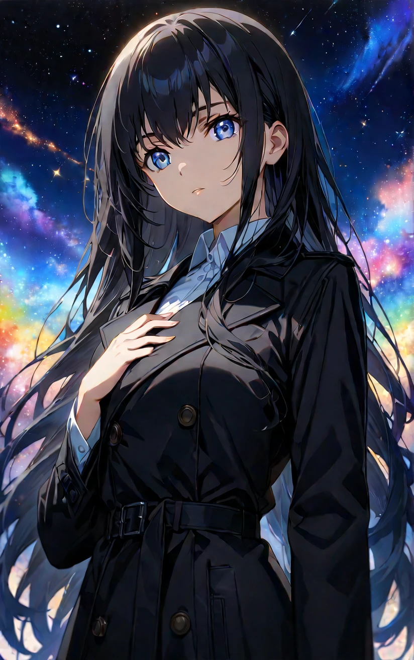  masterpiece,  top quality ,  ULTRA DETAIL, Anime Characters , One girl , black hair, blue eyes,  long hair,   wearing a black trench coat   ,   white shirt ,(    I'm putting my right hand on my chest   ),  upper body shot,Front View,   viewers,The background is a dreamy galaxy    ,Surrounded by stars、Night Sky,   Starry sky with colorful galaxies and galactic clouds、