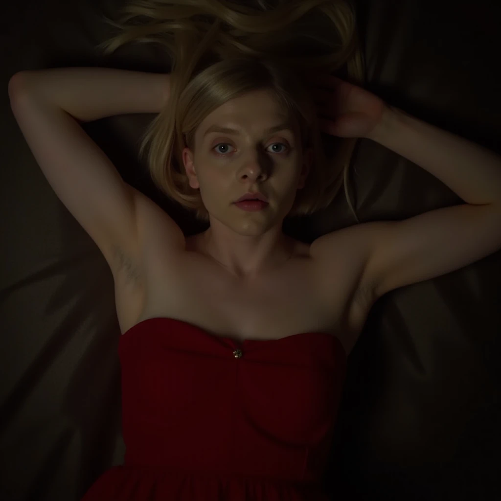 Aurora Aksens, picture from above, lying  limp on a bed on back, red strapless dress, drunk face, arms up