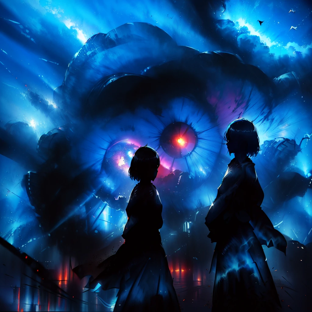 a beautiful silhouette of a girl with floating dust particles around her, standing fearlessly, panoramic view of a girl, (katana in sheath:0.9), (girl looking at the viewer with flawless sight:1.3), (zoom at the face:1.3), (focus at the face:1.3), behind her is a whirlwind, behind her is silent and atmospheric background filled with broken countryside buildings and structures, (ruins), (vibrant colors:1.4), (sharp focus:1.3), (cinematic lighting), (tornado in the background:1.3), (haze:1.3), ((conveying a sense of mystery and intensity)), forced witness, (horror theme:1.2), long hair, blue color variation, girl fits in the background, (giant cinema screens and displays:1.6), (screens)