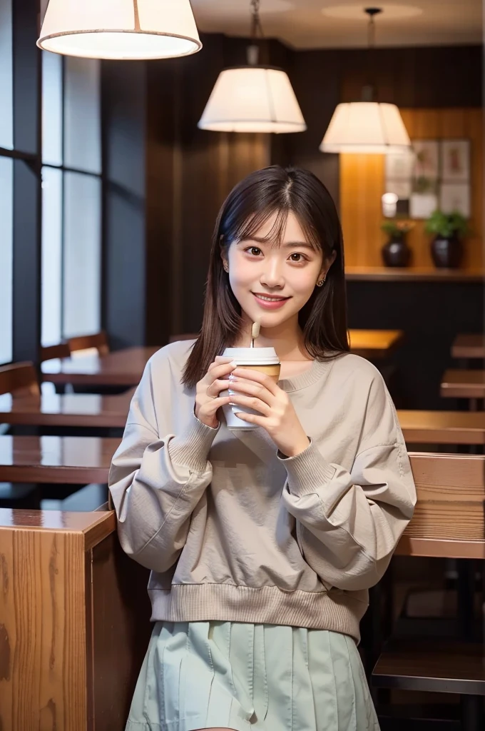 (masterpiece, best quality, perfect anatomy, highres, 8k, realistic, photorealistic, natural skin texture, no makeup:1.2), (afternoon:1.5), 1girl, solo, Japanese, age20, female adorable university student, very cute, (large breasts:1.4), autumn vibes, (holding a cup of coffee near her face:1.7), a cup of coffee, shy smile, (ponytail:1.2), wearing a mini skirt, (warm café lighting, in a casual restaurant setting), vertical composition, jp idol, inugao