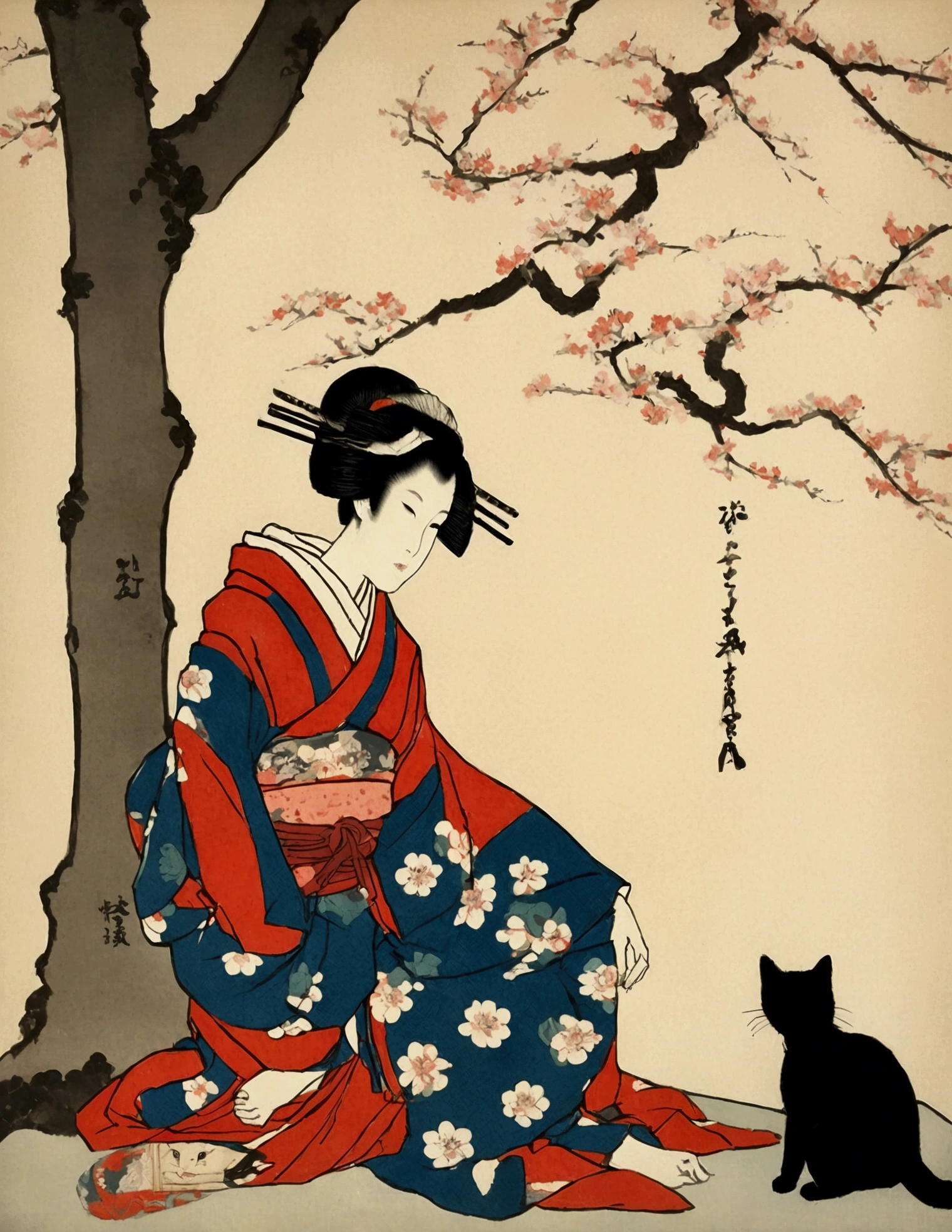 painting of a woman in a kimono sitting on a pillow next to a cat, Plum Blossom. inspired by Koryusai Isoda, inspired by Hishikawa Moronobu, inspired by Utagawa Kunimasa, woman and cat, inspired by Itō Shinsui, ukiyoe style, inspired by Uemura Shōen, tumblr, ukiyo-e. jptradartnbai artstyle