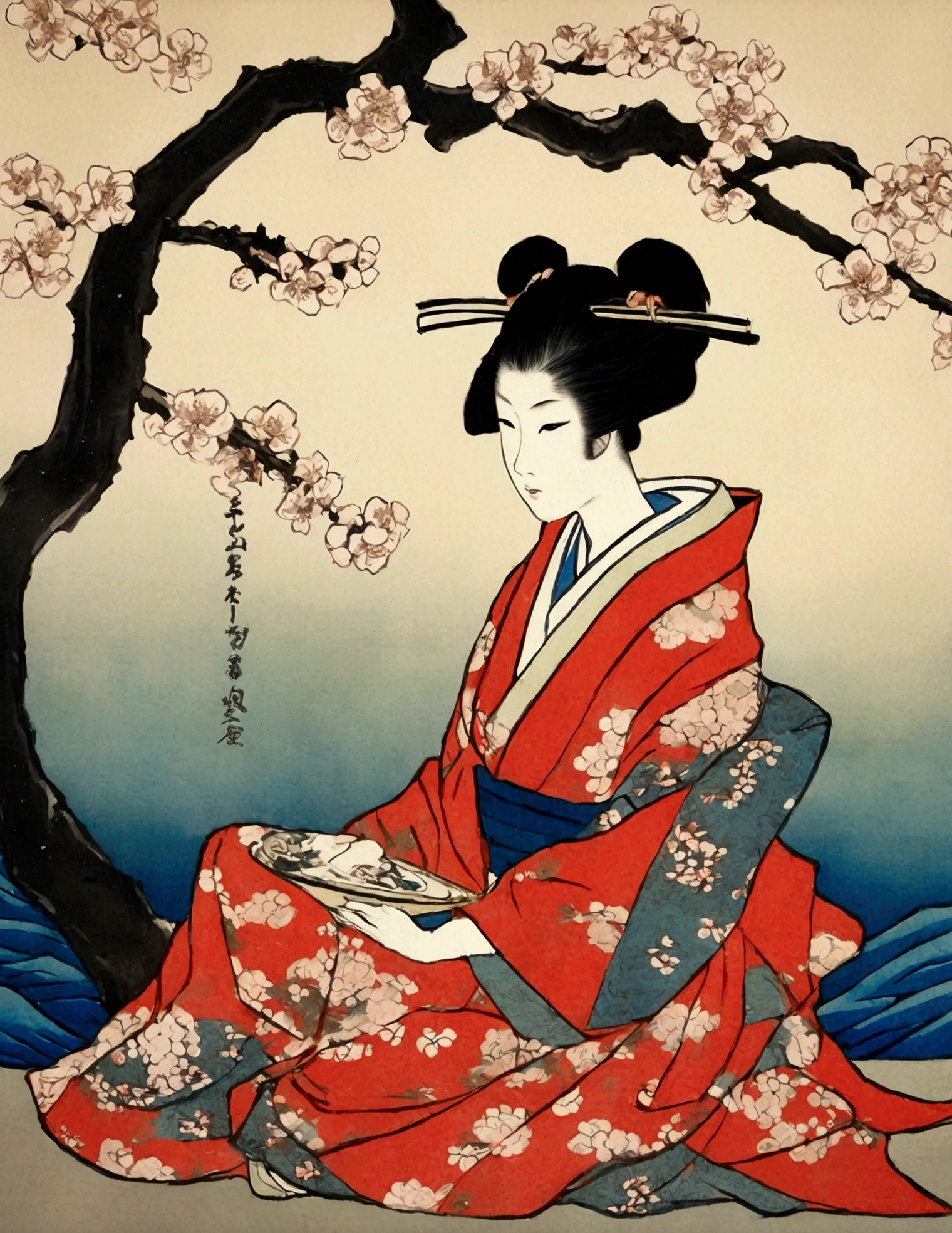 painting of a woman in a kimono sitting on a pillow next to a cat, Plum Blossom. inspired by Koryusai Isoda, inspired by Hishikawa Moronobu, inspired by Utagawa Kunimasa, woman and cat, inspired by Itō Shinsui, ukiyoe style, inspired by Uemura Shōen, tumblr, ukiyo-e. jptradartnbai artstyle