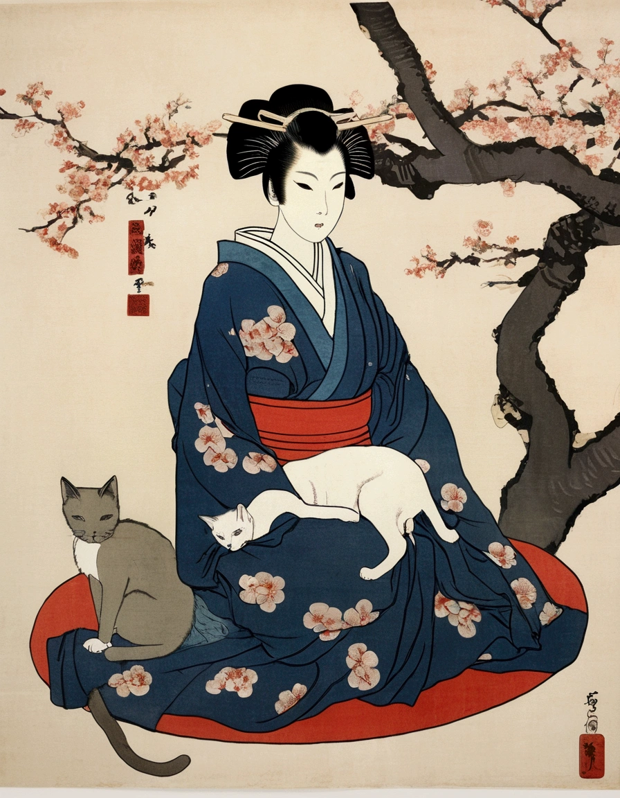 painting of a woman in a kimono sitting on a pillow next to a cat, Plum Blossom. inspired by Koryusai Isoda, inspired by Hishikawa Moronobu, inspired by Utagawa Kunimasa, woman and cat, inspired by Itō Shinsui, ukiyoe style, inspired by Uemura Shōen, tumblr, ukiyo-e. jptradartnbai artstyle