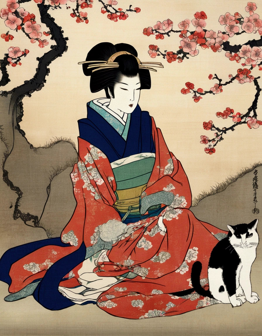 painting of a woman in a kimono sitting on a pillow next to a cat, Plum Blossom. inspired by Koryusai Isoda, inspired by Hishikawa Moronobu, inspired by Utagawa Kunimasa, woman and cat, inspired by Itō Shinsui, ukiyoe style, inspired by Uemura Shōen, tumblr, ukiyo-e. jptradartnbai artstyle