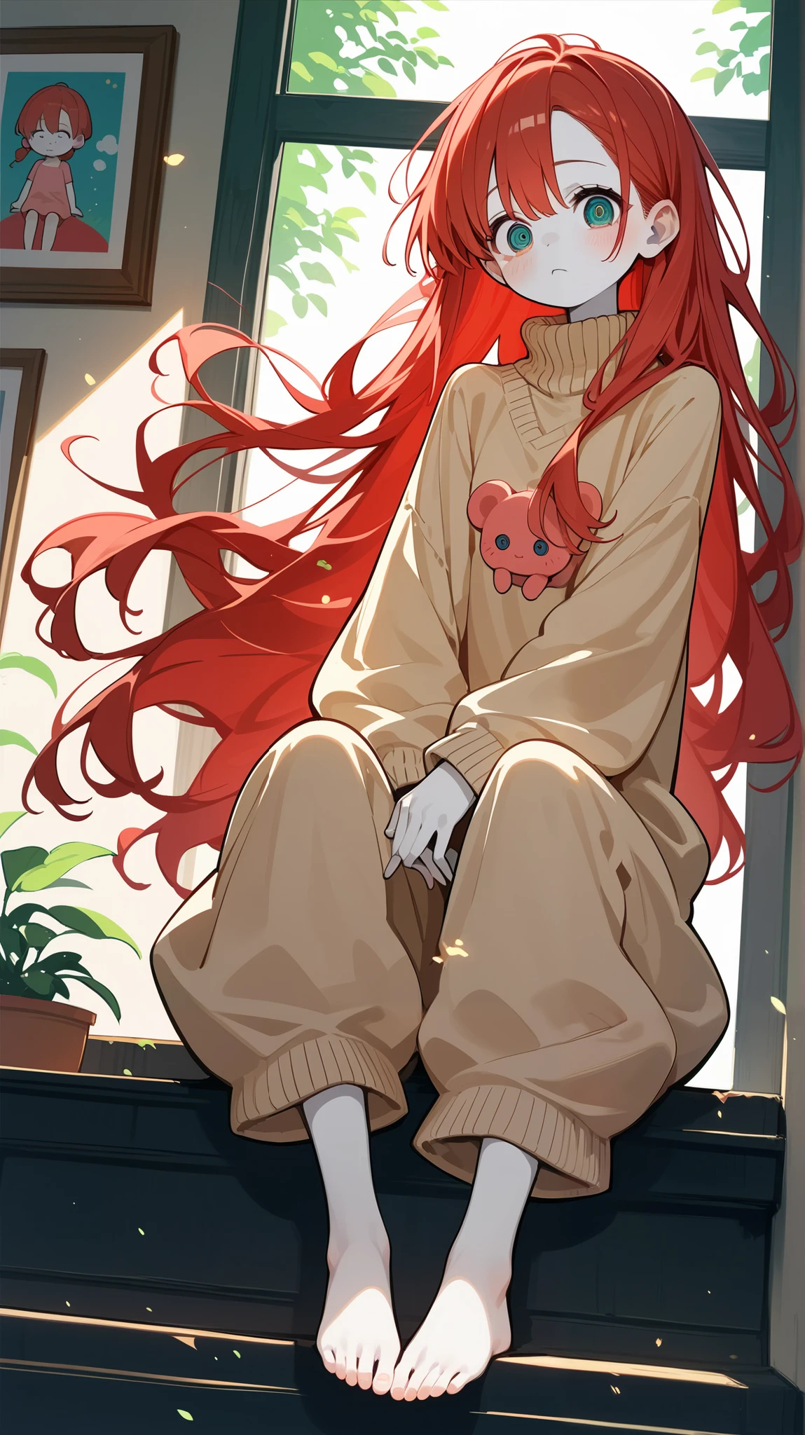 (((Solo Girl))) (    1 girl) ,       full body shot    ,    shooting from below  ,    RAW photo , ( skinny redhead girl:1.2), ((baby(intense red hair)) ((    long hair  )),     blanking   ,    リアルな肌の質感を持つ beautiful若い女性  ,      Oversized Knitted Sweater   , (red:0.8), Softcore,  Warm lighting ,   cozy atmosphere , Naive, shy,  short, thin, fit,  beautiful, cute,    white skin, ((    blanking    )), 