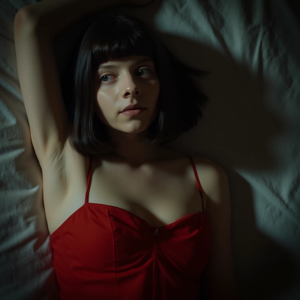 Aurora Aksens, picture from above, lying  limp on a bed on back, red strapless dress, drunk face, arms up, hair with bangs