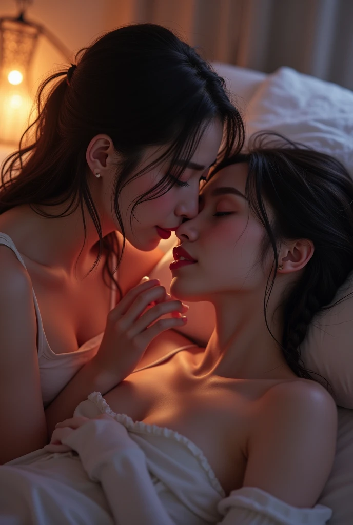8K, masterpiece, one yellow hair and one purple hair, pushed down on bed, romanticism, lesbian kiss, lesbian hug, kiss each other, bride, kiss together, hug each other, kiss together perfectly, cutely, goddess, two beautiful women in love