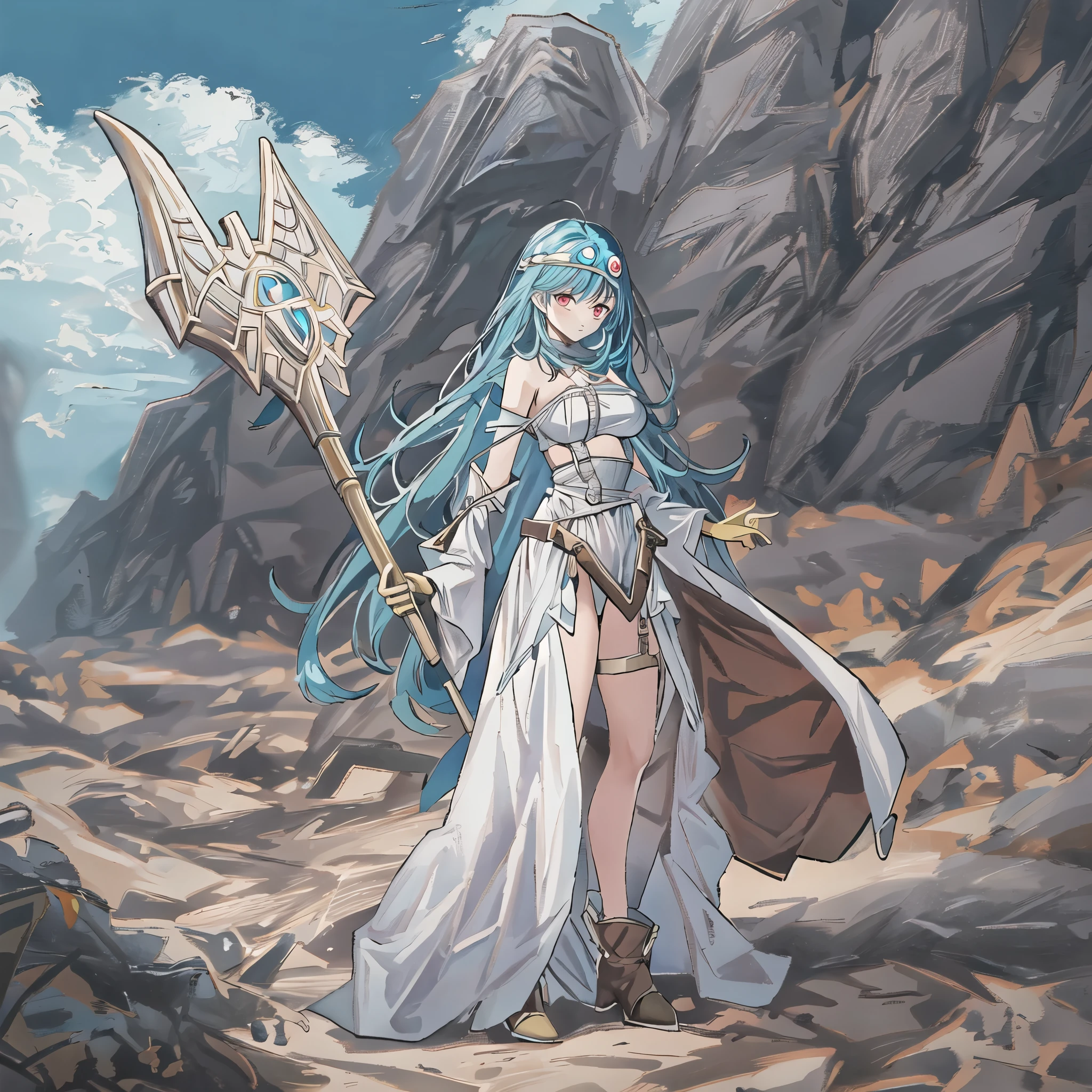  top quality , ,_(dq3),  girl, (holding staff, staff:1.3), Alone,  long hair,  blue hair,  circlet, red eyes, Normal Breasts, YELLOW GLOVES , white dress,  belt bag , Cape,  long boots,  clevis on a stone,  shoulder out, underwear,  standing, whole body, Guiana Highlands, Wind lift,  background:Wilderness white 、 sexy、 Big Breasts 、 juicy thighs、 cute face、 magic before the Ice Castle、 slime 、Sage、fight、(Monsters attack、Battle、Big Magic、Gigadein)、