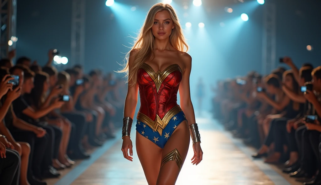 Realistic emma myers wearing a sexy full body wonder woman outfit, 4k resolution, zoomed out image, blonde hair, looking at viewer, masterpiece, best quality, highly detailed
