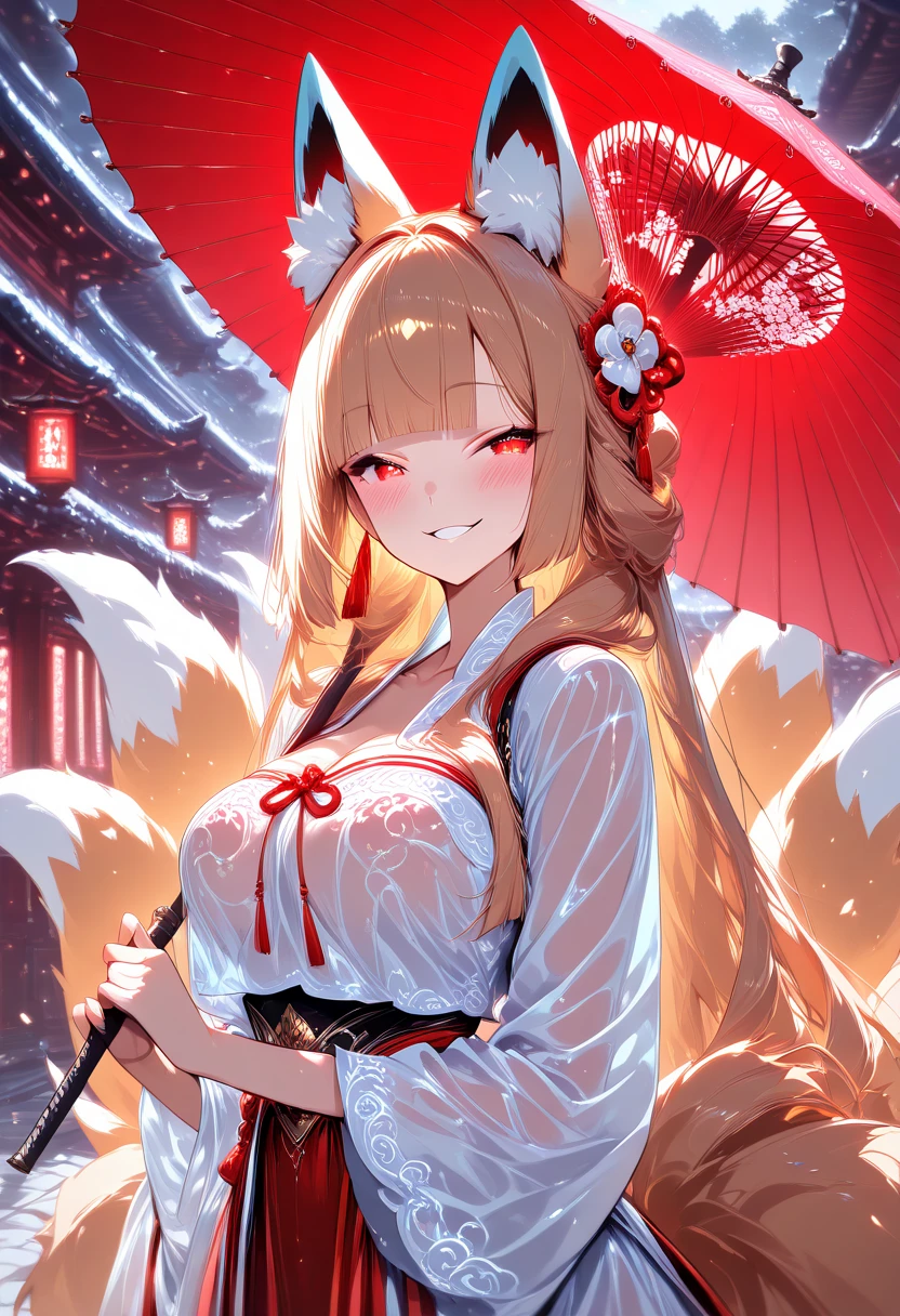 1girl, long hair, smirks, many fox tails, open eyes, beautiful eyes, blunt bangs, fluff tails, fluff animal ears, blouse, see-through, hanfu, little smile, blush,holding umbrella, medium breast, BREAK fox beside her, fox, detailed red umbrella, the miracle,counter light, vivid,masterpiece, detailed art, best quality, ultra detail, 4K UHD