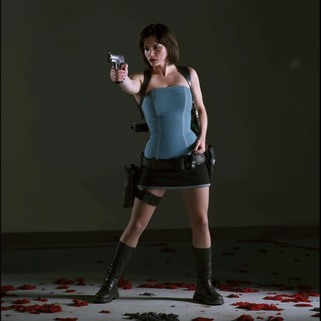 Cinematic photography of Sienna Guillory as Jill Vlentine from movie Resident Evil Apocalypse wearing black boots, black hair, short black skirt, blue top. She is holding her gun in one of her hands in an action pose, fighting zombies.