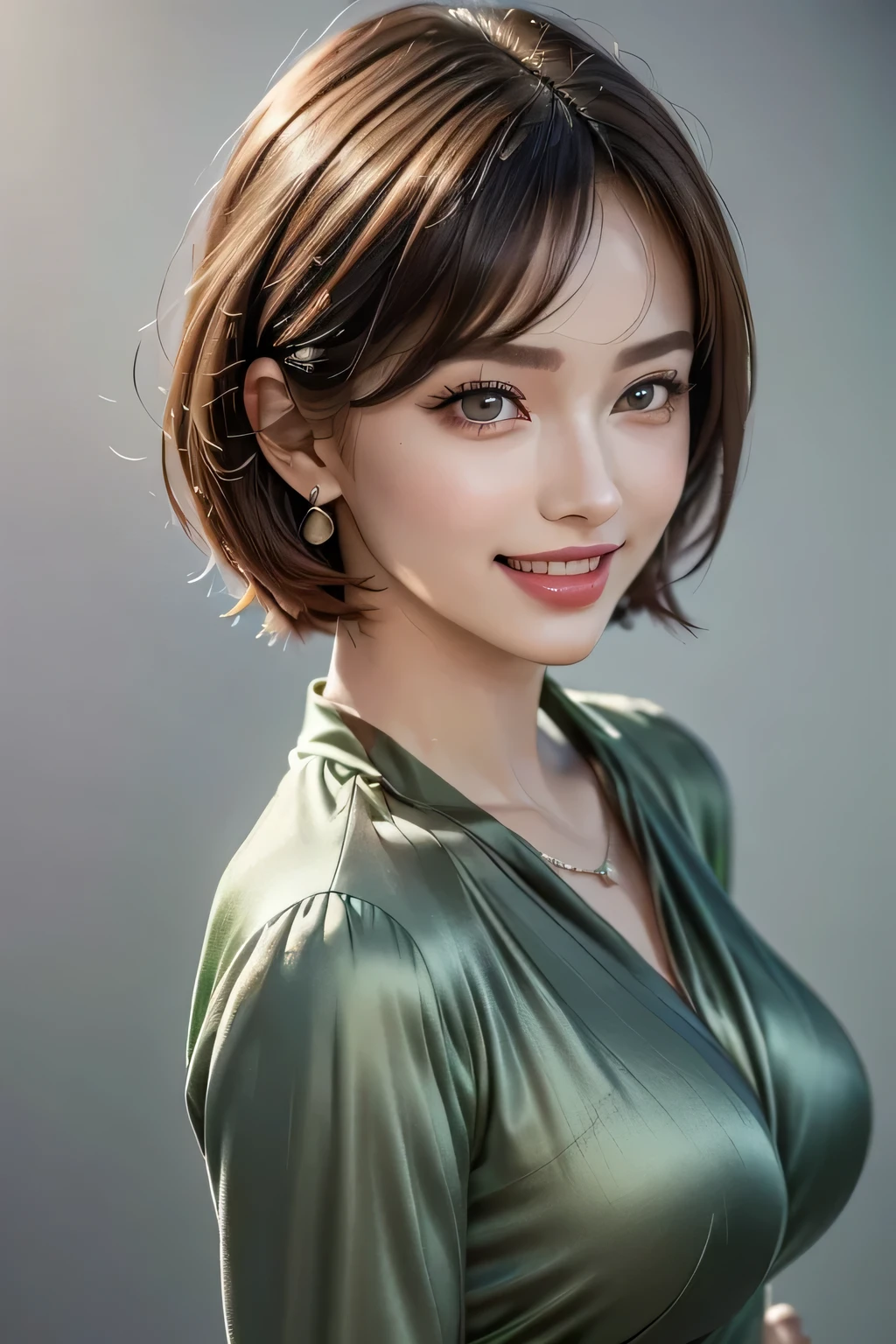 (1.  beautiful women,  supermodel ), (    perfect anatomy ), ((  cowboy shot )), Golden Ratio, (top quality:1.4), 32k resolution, (  realistic    :1.5), High resolution UHD, (masterpiece :1.2)), (Improved quality:1.4), (  Very Beautiful Face Details  ), ( smile), (Top quality), ((green Silk Dress :1.37)),  earrings,   necklace, (Big Breasts:1.3), (thigh), (Ass), Accurate Fingers,  Very detailed、Crimson Hair,   beautiful eyes,   double eyelids ,   eyelash  , Shaping your eyebrows, (( Very detailed、Crimson Hair portraits)),   red cheeks  , Ultra-   realistic    eyes, Perfect Lips,     perfect eyes,   Natural Cosmetics  , [  Pink Lipstick], (( Commitment to quality   :1.2)), (  beautiful lips:1.33), (Great nose:1.2), (Big Breasts),   brunette pixie cut, ((  realistic  )), (( Sharp Focus )), (   highest resolution), ((  high image quality)), ((masterpiece)),   Professional Cinema Lighting 