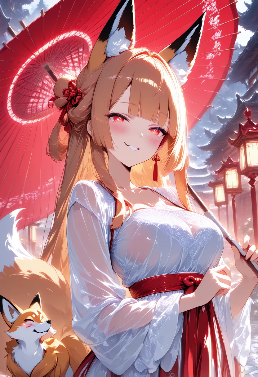 1girl, long hair, smirks, many fox tails, open eyes, beautiful eyes, blunt bangs, fluff tails, fluff animal ears, blouse, see-through, hanfu, little smile, blush,holding umbrella, medium breast, BREAK fox beside her, fox, detailed red umbrella, the miracle,counter light, vivid,masterpiece, detailed art, best quality, ultra detail, 4K UHD