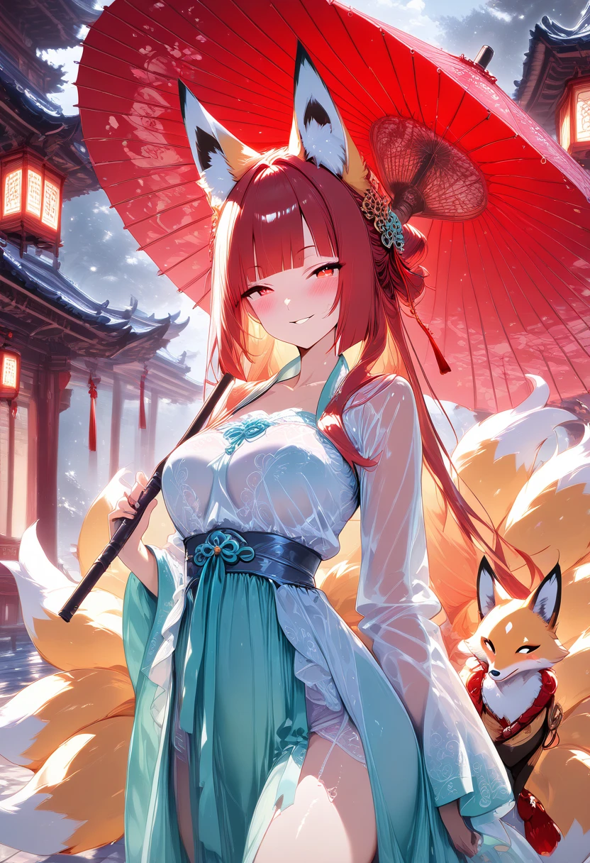 1girl, long hair, smirks, many fox tails, open eyes, beautiful eyes, blunt bangs, fluff tails, fluff animal ears, blouse, see-through, hanfu, little smile, blush,holding umbrella, medium breast, BREAK fox beside her, fox, detailed red umbrella, the miracle,counter light, vivid,masterpiece, detailed art, best quality, ultra detail, 4K UHD