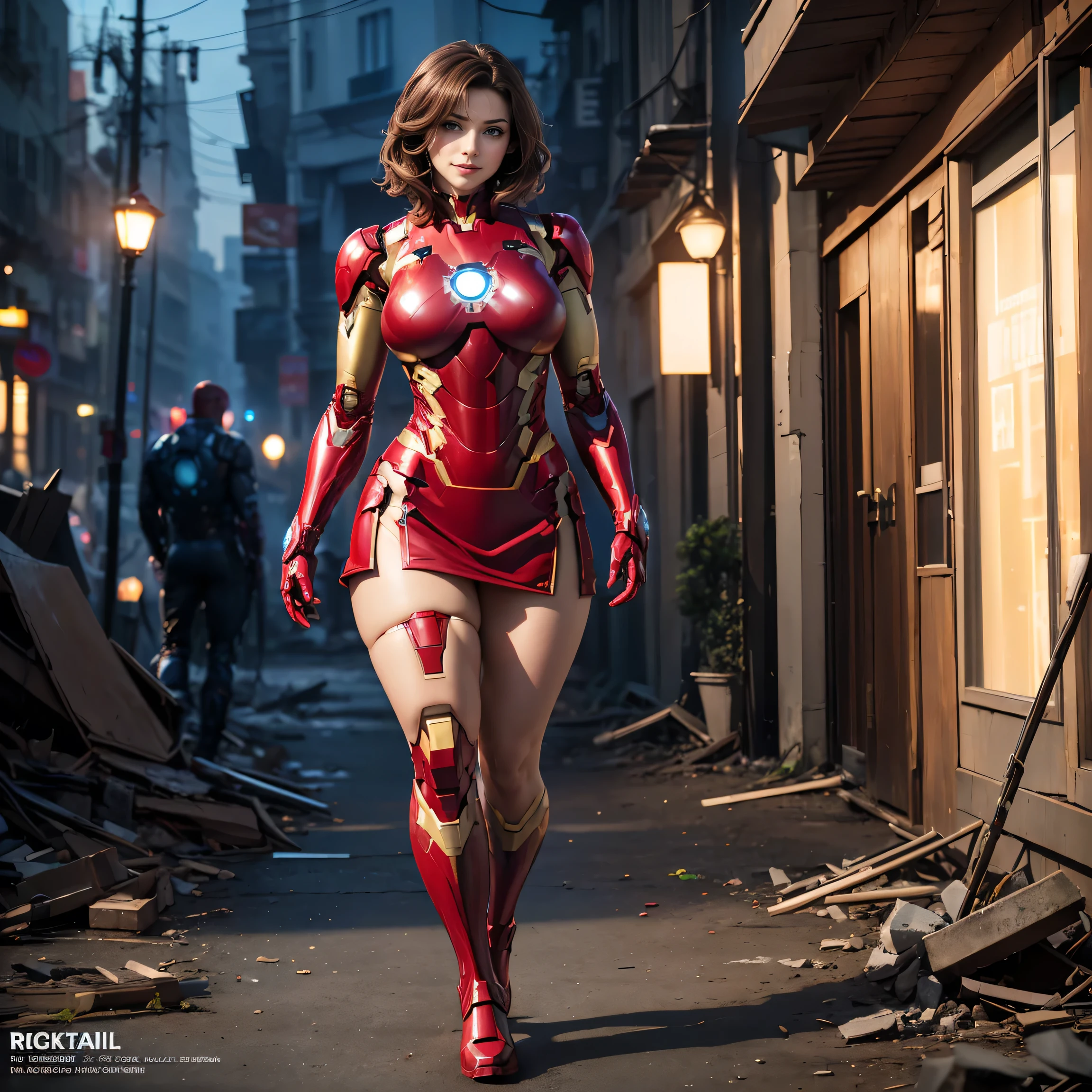 ((high definition:1.5)), ((pale lights)), ((dark shot:1.3)), ((masterpiece:1.5)), Pretty Caucasian (female), Sarah Shahi, a slim but muscular body, Detailed Beautiful Woman, very physically fit girl, ((bright red lipstick)), ((seductive smile)) ((big bright blue eyes looking towards the viewer)) ((Wild hairstyles, short messy dark brown hair)) ((big breasts:1.3)) ((slender body:1.3)), ((wider hips:1.3)), ((thick thighs:1.3)), ((detailed eyes)), ((detailed hands)), ((detailed fingers)), (((wearing iron man suit, iron man gloves, iron man shoes, metalic red latex miniskirt exposing thick thighs]]], ))):1.2、 ((full body shot:1.3)), ((light source from front)), (View your viewers, Stand from front:1.1)、 ((walking in a sexy dynamic action pose in a destroyed city))、 (realism: 1.5), (Realistic: 1.4), (Absurdity:1.4), 8k, ultra-detailed, official art, extremely detailed CG unity 8k wallpaper, perfect lighting, Colorful, ultra high res, photography, 8K, HDR, Kodak portra 400, film grain, blurry background, (bokeh:1.2), (vibrant_color:1.2), film grain:1.2, (warm hue, warm tone:1.2), (color photo), professional photograph,
