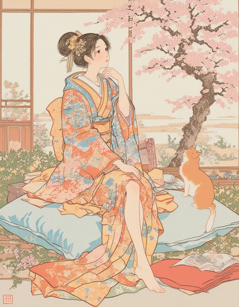 painting of a woman in a kimono sitting on a pillow next to a cat, Plum Blossom. inspired by Koryusai Isoda, inspired by Hishikawa Moronobu, inspired by Utagawa Kunimasa, woman and cat, inspired by Itō Shinsui, ukiyoe style, inspired by Uemura Shōen, tumblr, ukiyo-e. Ukiyo-e style by Hokusai