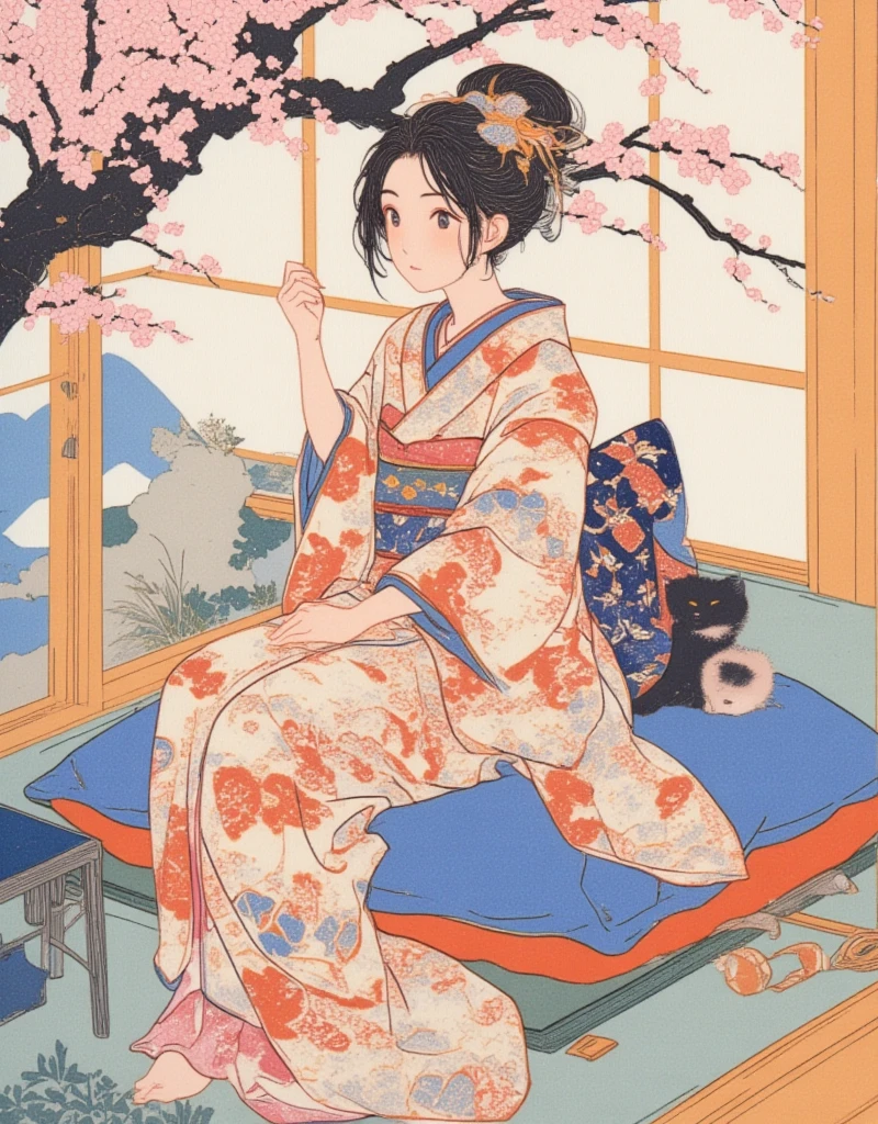 painting of a woman in a kimono sitting on a pillow next to a cat, Plum Blossom. inspired by Koryusai Isoda, inspired by Hishikawa Moronobu, inspired by Utagawa Kunimasa, woman and cat, inspired by Itō Shinsui, ukiyoe style, inspired by Uemura Shōen, tumblr, ukiyo-e. Ukiyo-e style by Hokusai