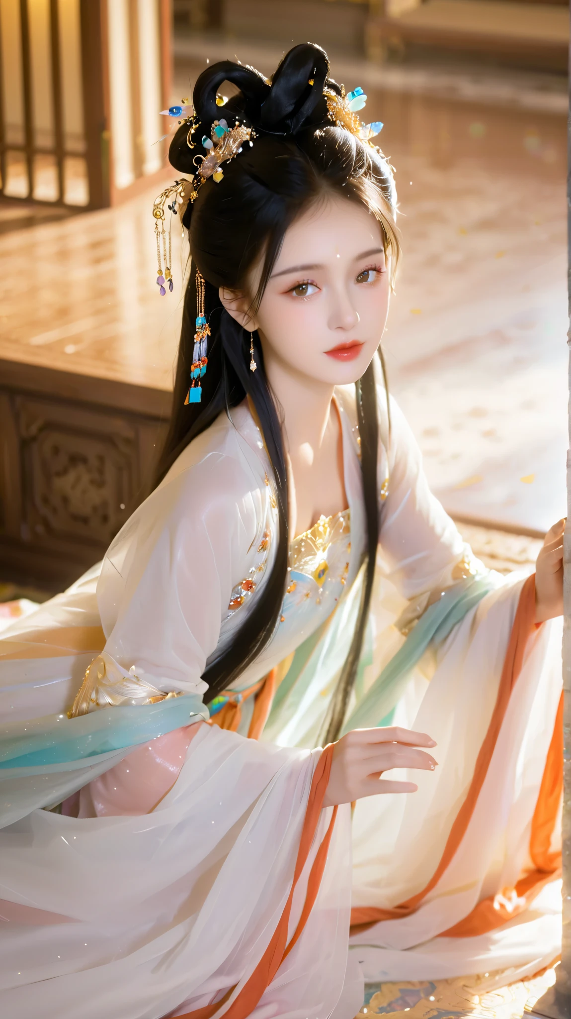  Best Quality  at best,  super high resolution, ((( 1 girl))),(Long black hair), Game Fairy, Old Palace , Dahong Hanfu , ,  Elegant Light Yarn , jewelry, (focus), ((( colorful))), particle effects , masterpiece,  Best Quality  at best, Beautiful painting, meticulous,   Very detailed , (masterpiece,  Best Quality  at best）  CG Uniform 8K Wallpaper，masterpiece， Best Quality ， super detailed）,  Ultra HD，Clear face