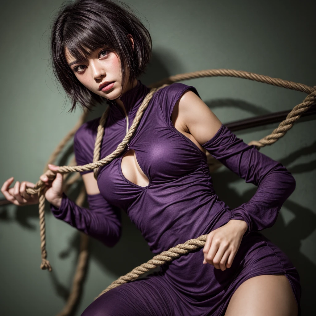 (masterpiece:1.2, 8K, Highest quality), (Realistic, photoRealistic:1.4), Beautiful illustrations,
View your viewers, avert your eyes, whole body,
1 Girl, Japanese, high school girl, Blue Hair, (short hair:1.4), Bobcut, Large Breasts:0.8, White skin、Beautiful Hair, Beautiful Face, Beautiful attention to detail, Beautiful body, Beautiful breasts, Beautiful thighs, Beautiful feet,
(the navel is slightly visible:1.1, (cute , Long sleeve, Pleated skirt, Sailor collar), White panties), High heels, ((Animal Collars)),
squat, Spread your legs, Leaning forward,
(Ahegao, Embarrassing, Drooling, Please open your mouth wide, ),
(((Hentai Rope Bondage, (Brown rope), shibari:1.5, (Tying over clothes)))),
((Put your arms behind your back:1.6), Chest Bondage:1.5, Arm binding:1.5, Leg Bondage:1.5, Crotch Bondage), Wet crotch:1.5, The bottom of the buttocks gets wet)),
(Beautiful views), classroom,