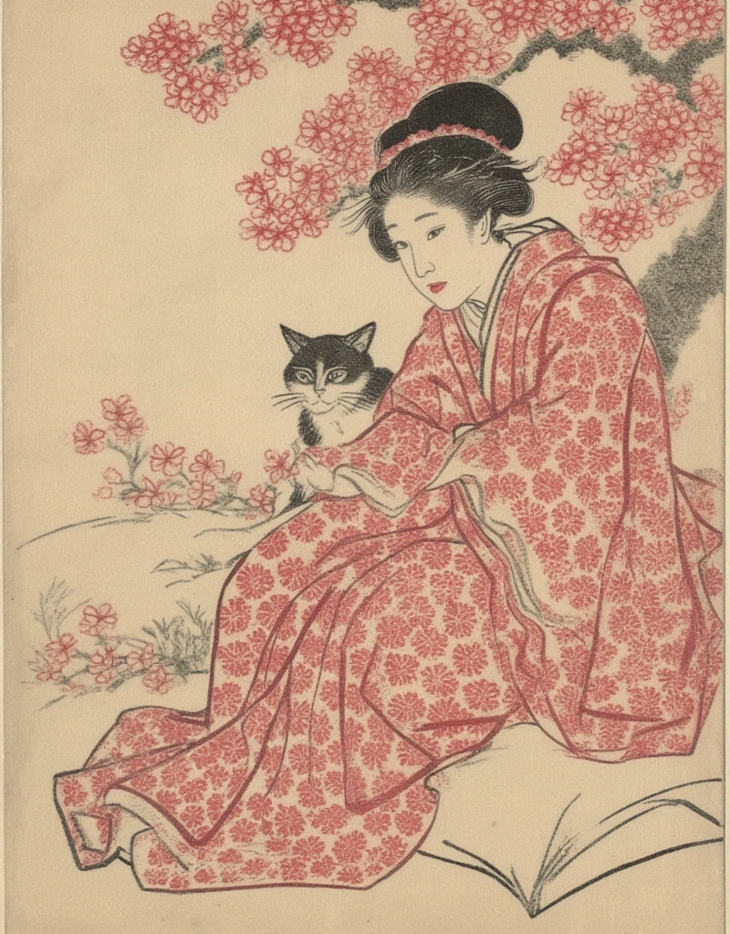 (utamaro style:1.2) , Hallucination, daydream , nightmare , Insane Dream , bokeh , erotica , romance , realistic mouse girl and realistic cat , kimono , futon , Petals fluttering down , Single eyelids, round nose, swollen cheeks